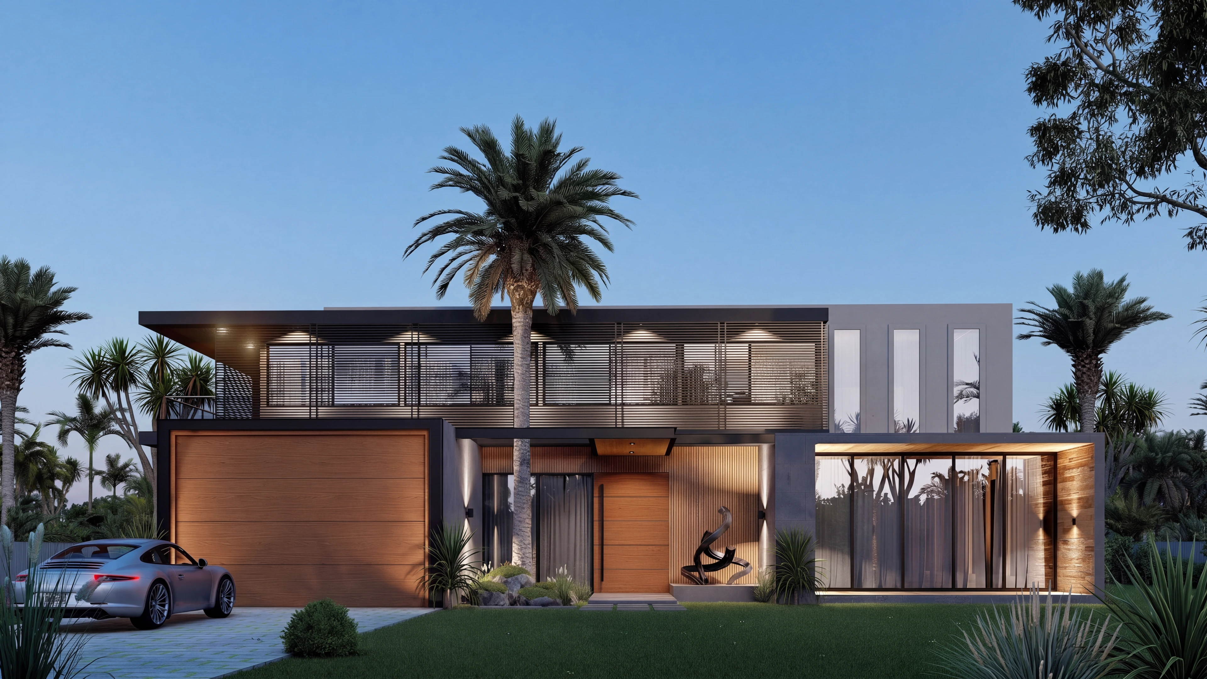 Front exterior with warm lighting at dusk.