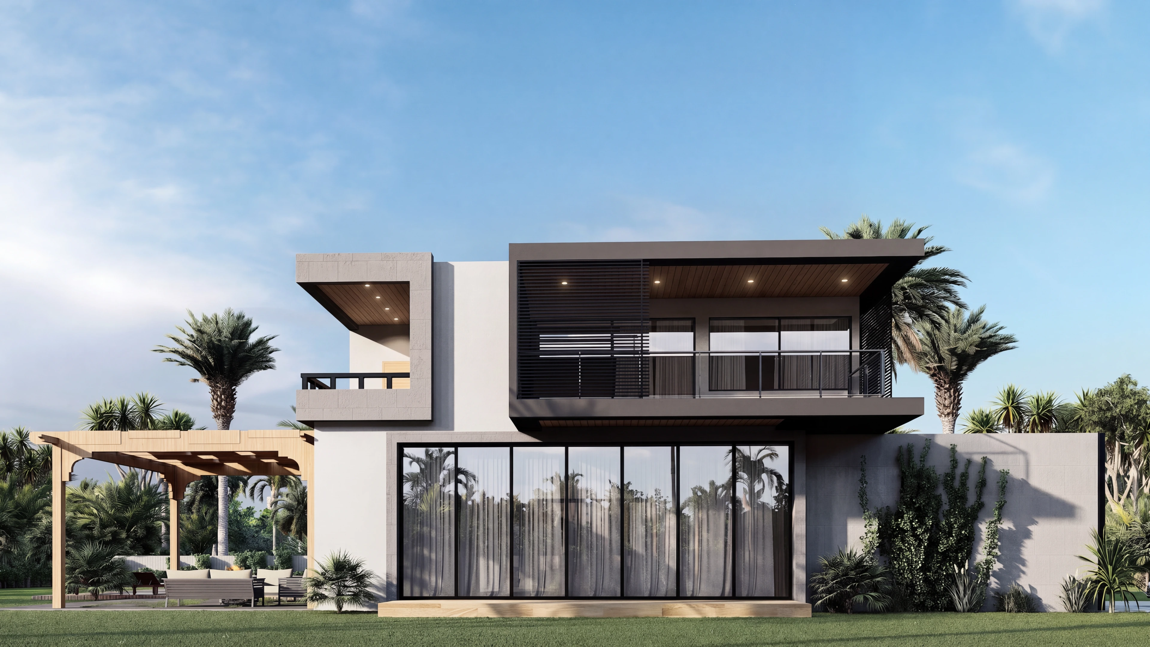 Garden-side elevation with upper-level glazing and covered outdoor space.