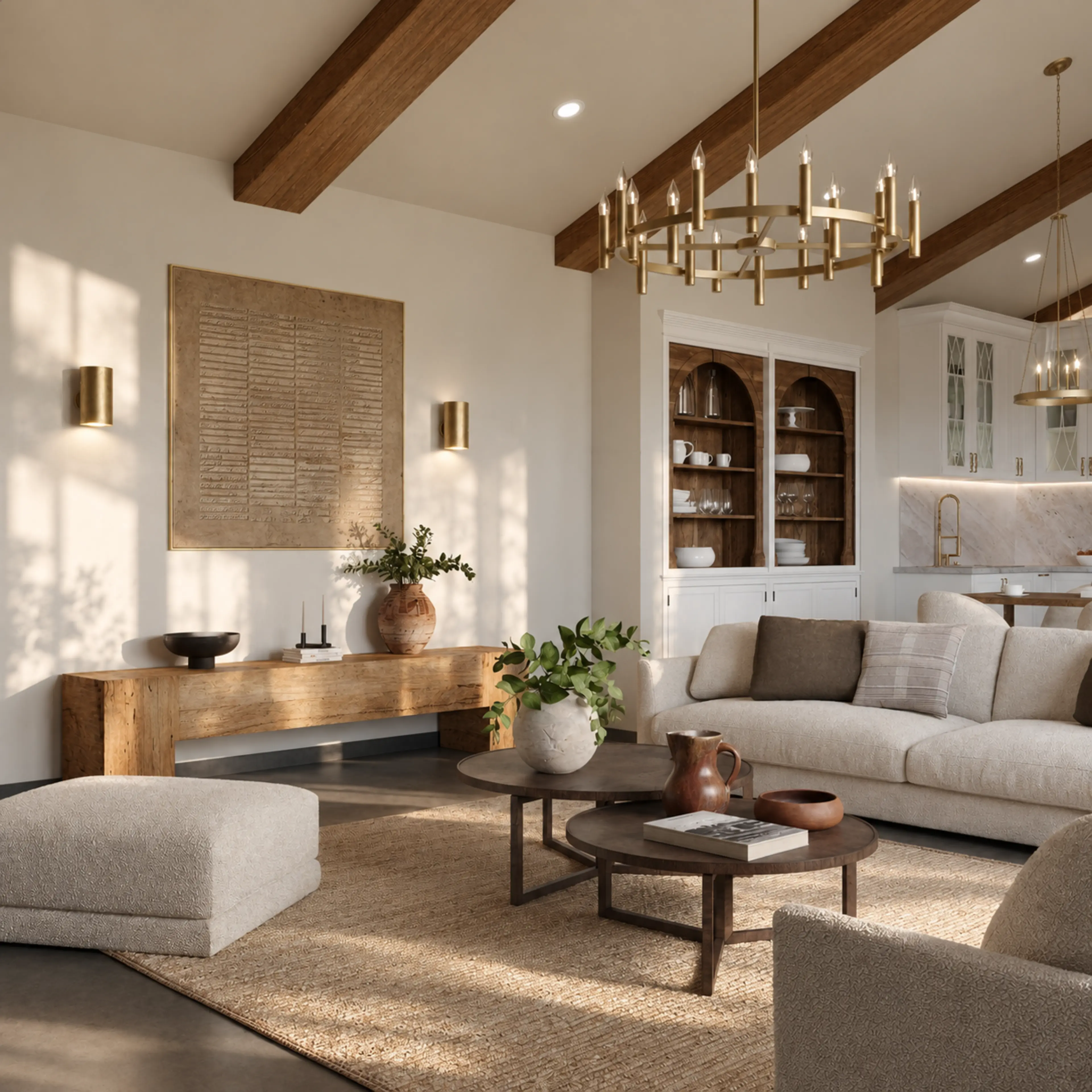 Living area with a sofa beneath a wood-beamed ceiling.