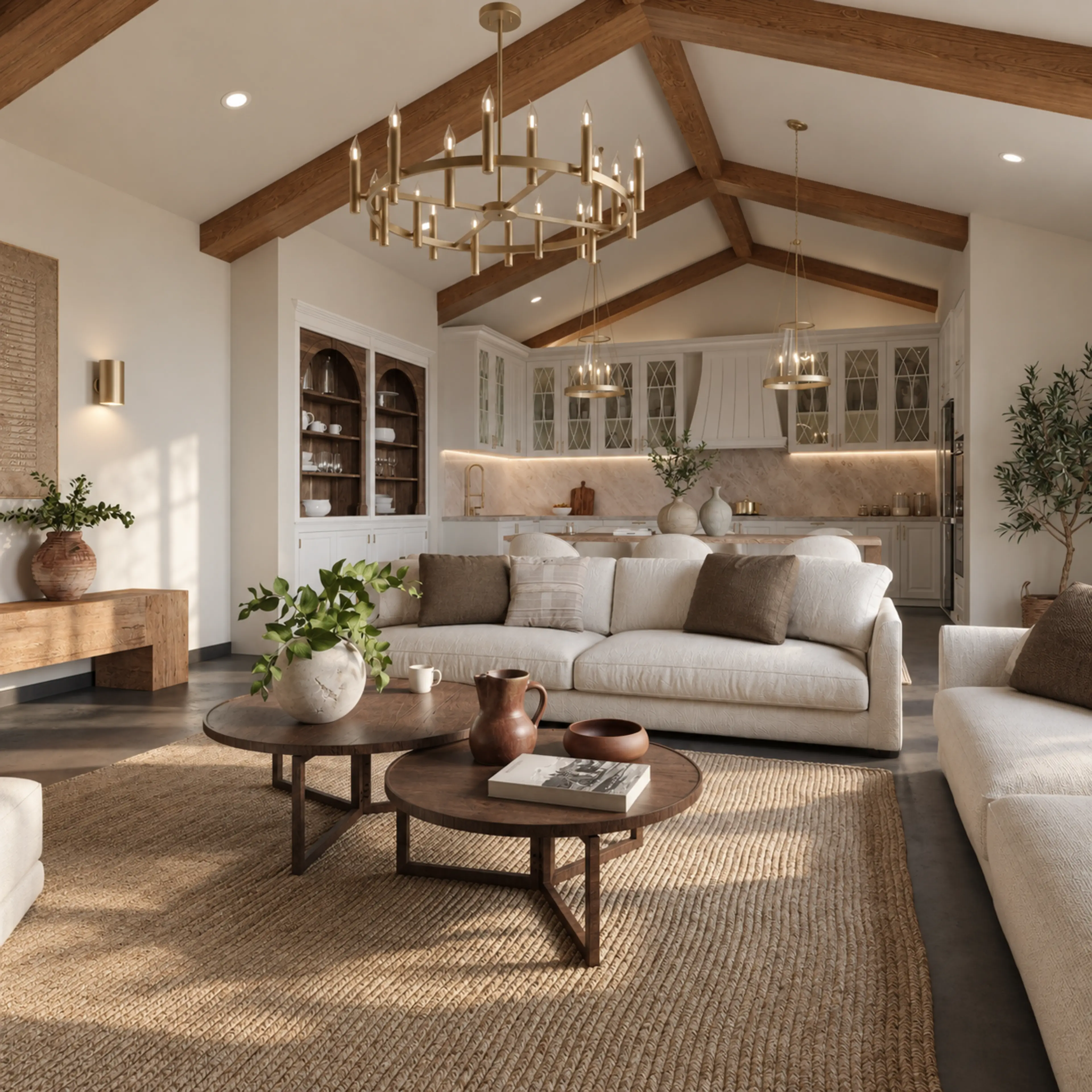 Living room connected to built-in kitchen cabinetry.