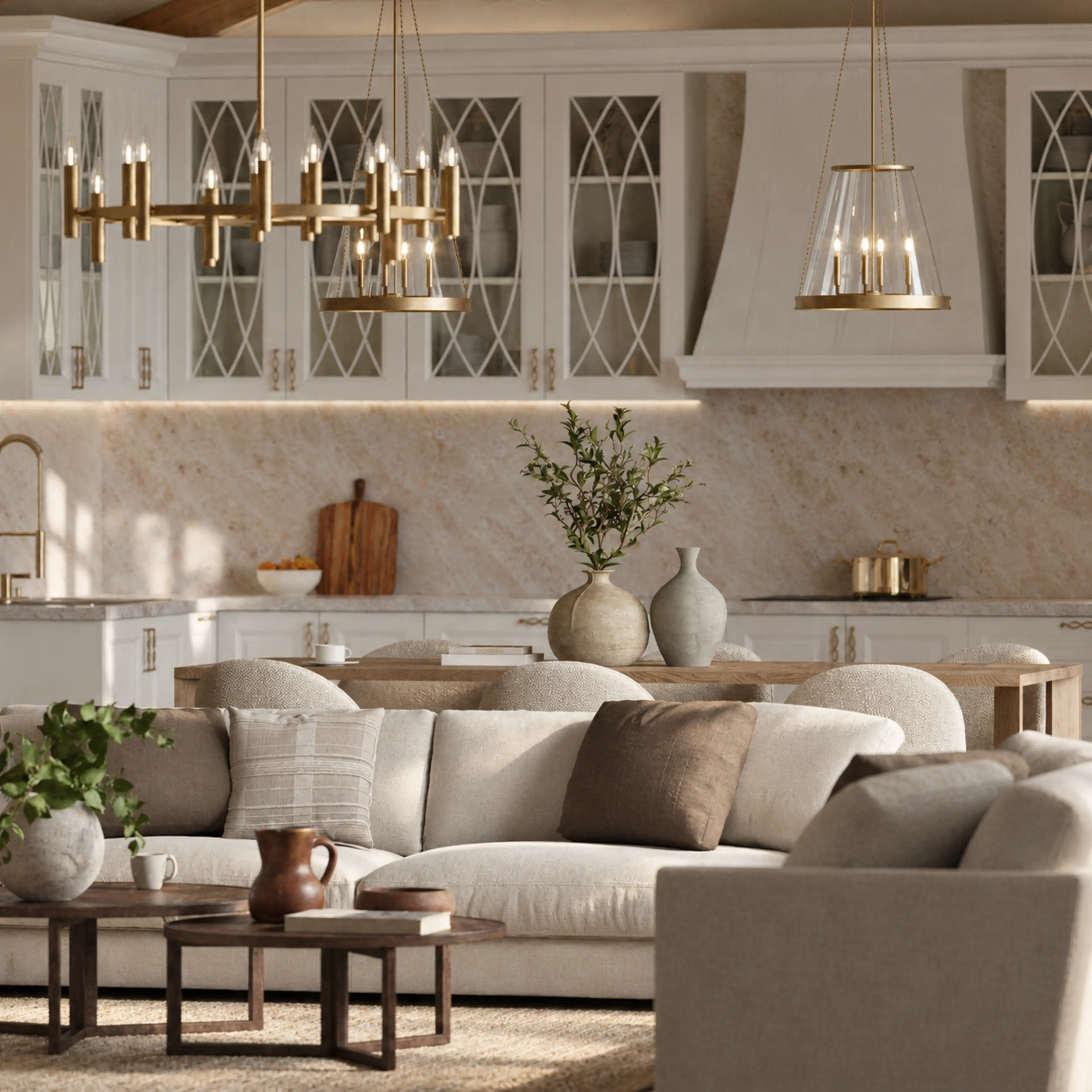 Detail of the sofa and display cabinets behind it.