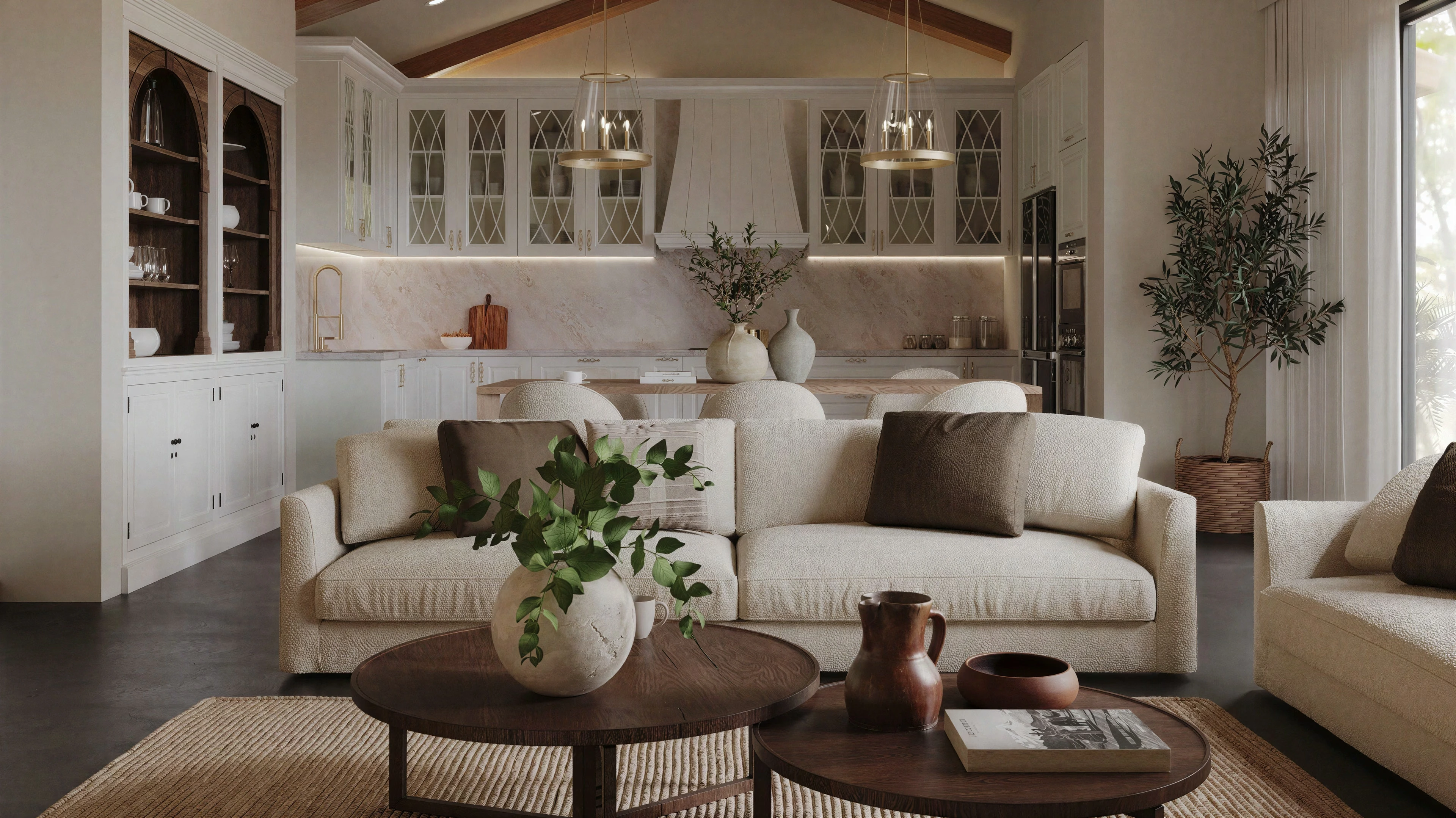 Wide living area with pendant lighting and glass-front cabinets.