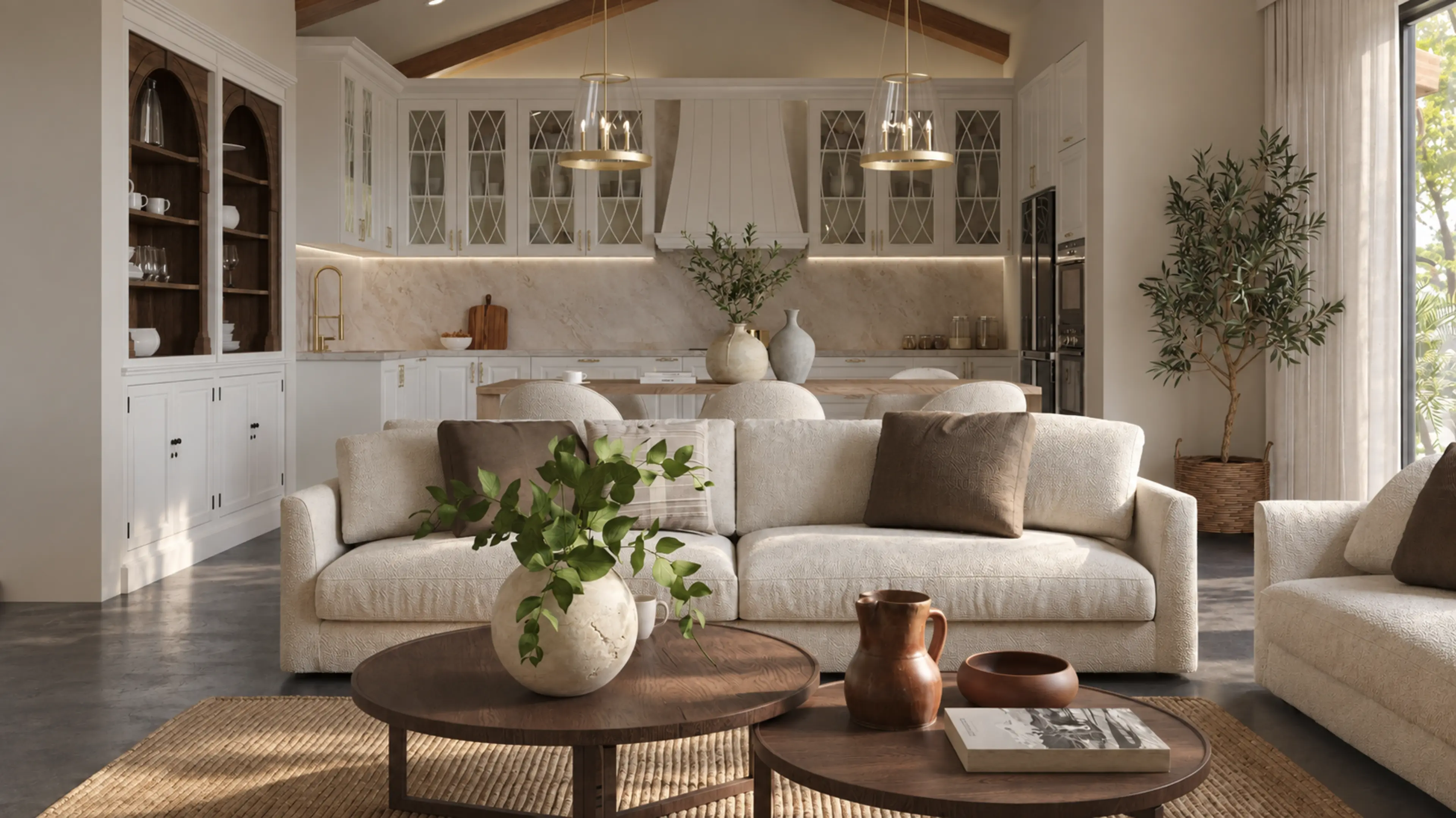 Photographic wide living area with pendant lighting and glass-front cabinets.