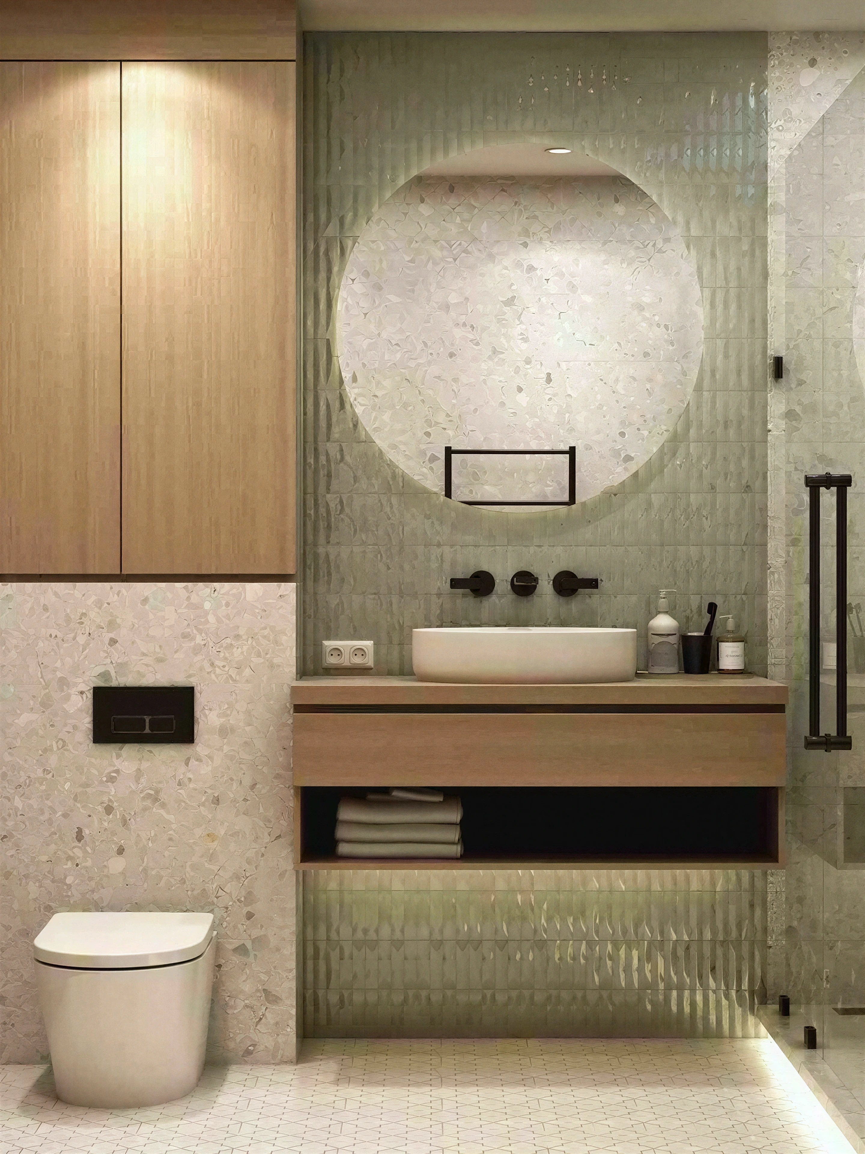 Compact bathroom vanity and toilet with concealed lighting.