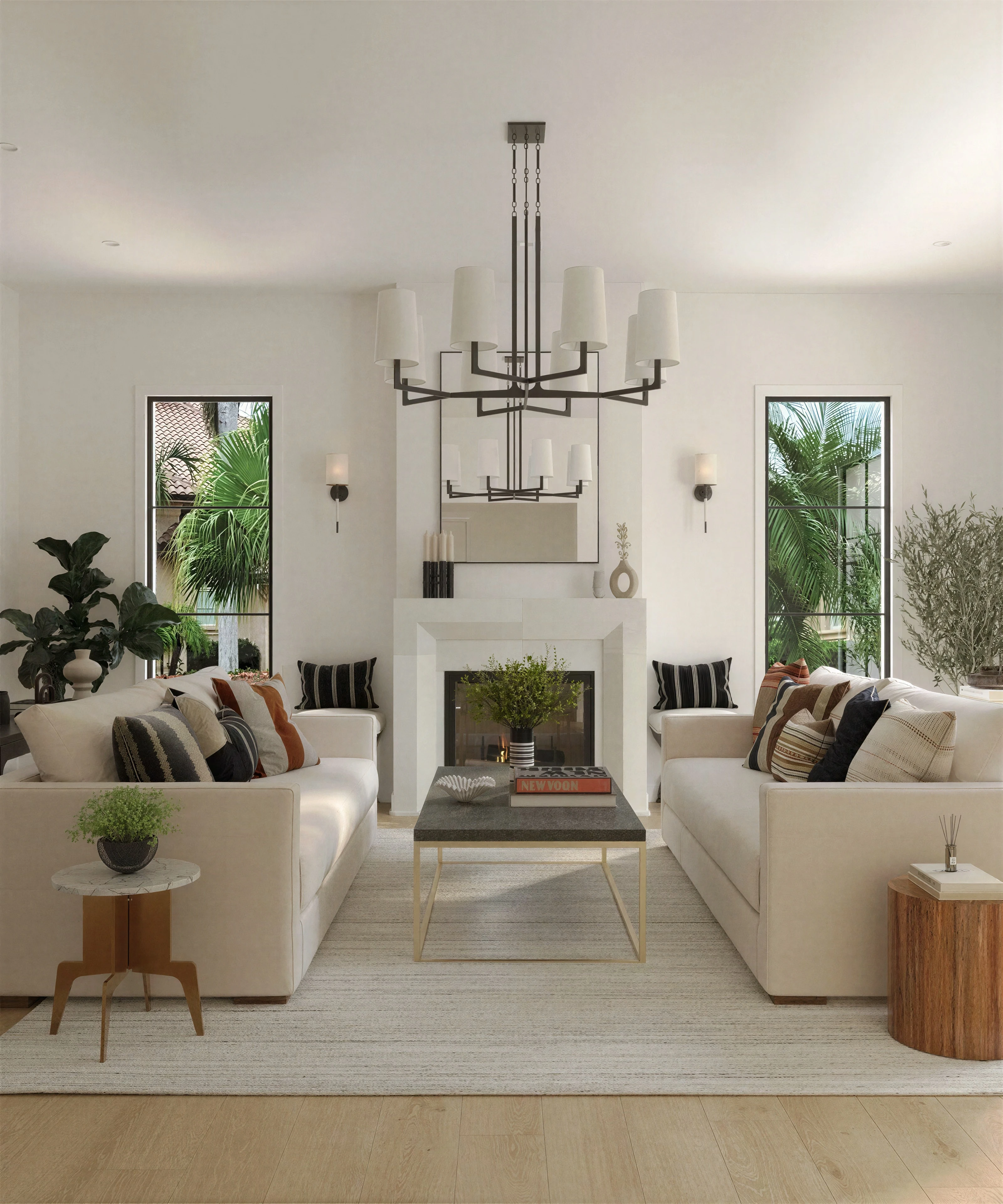 Living room with neutral seating and a central fireplace.