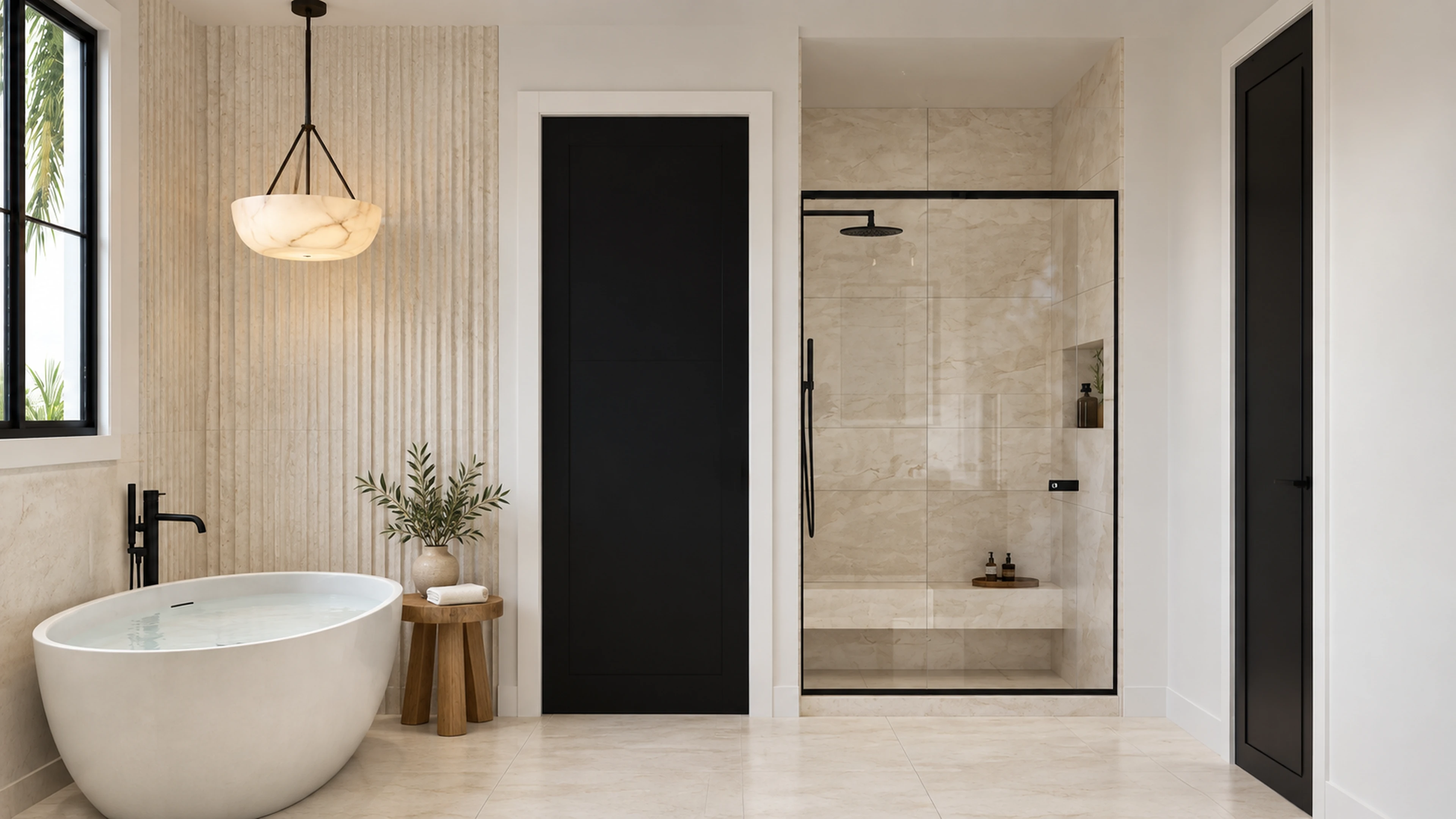 Freestanding bathtub and open shower in the Broken Sound renovation.