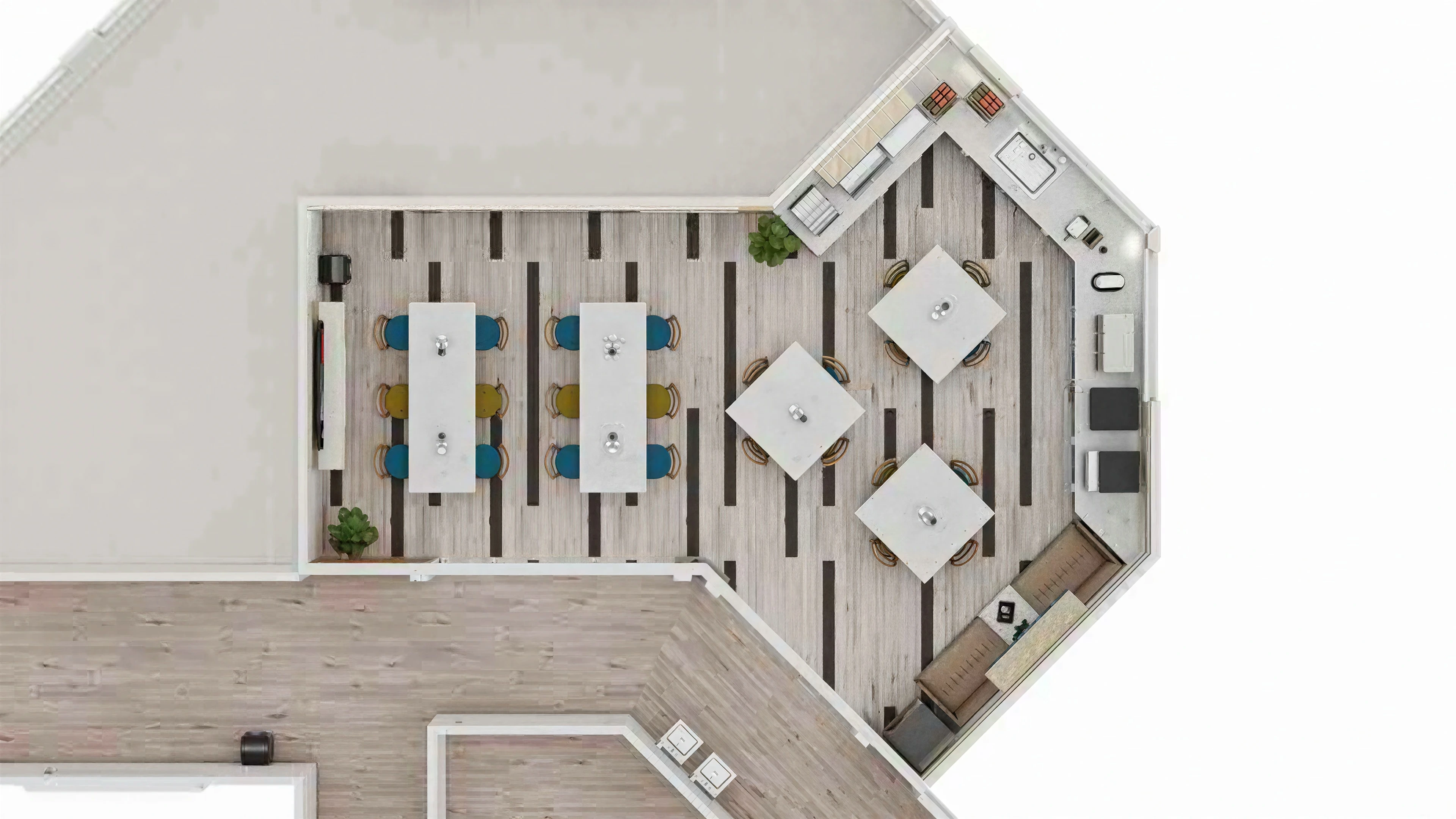 Overhead cafeteria layout showing tables and service counters.
