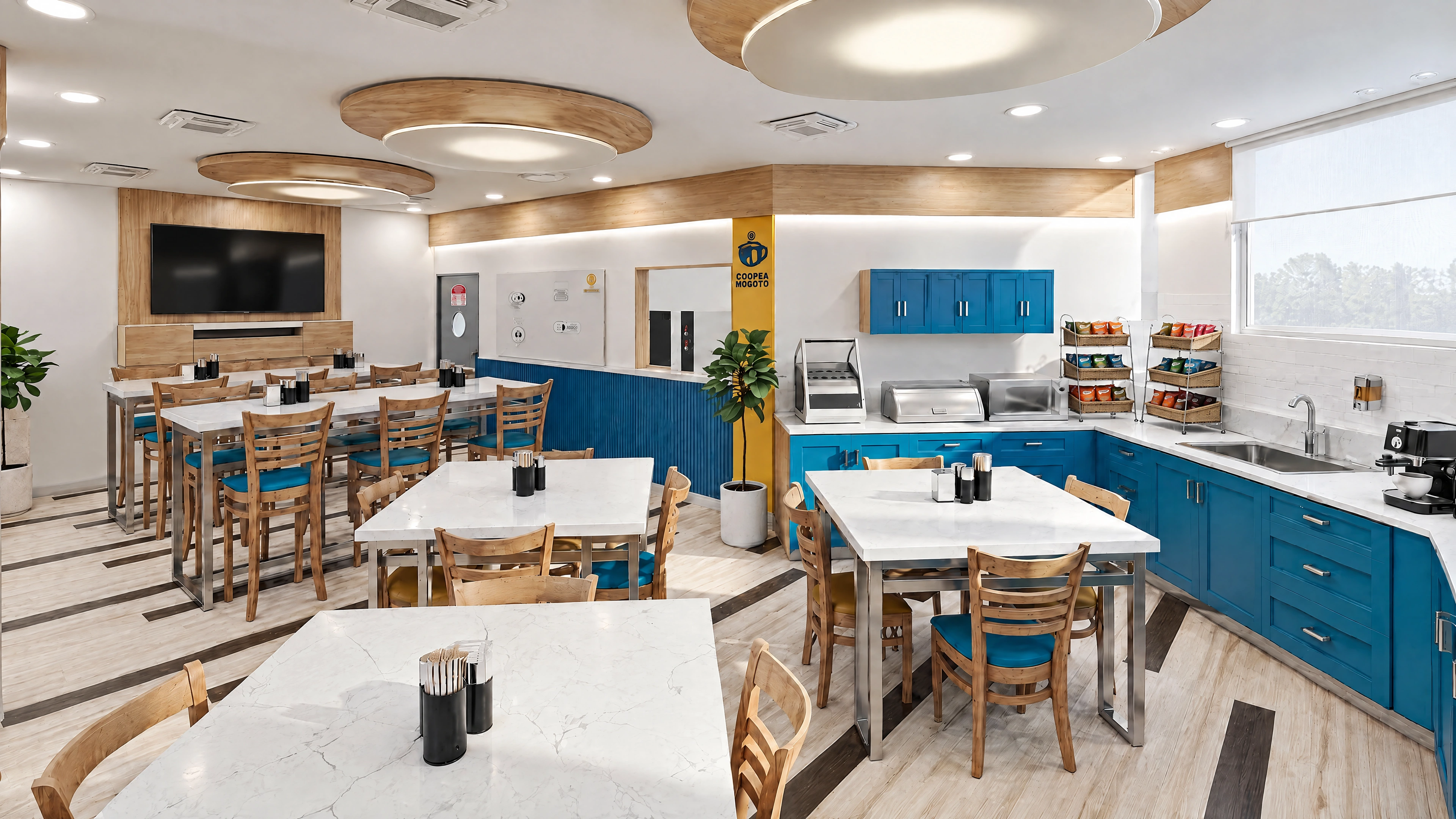 AI-enhanced project view — Dining tables arranged beside blue service cabinets.