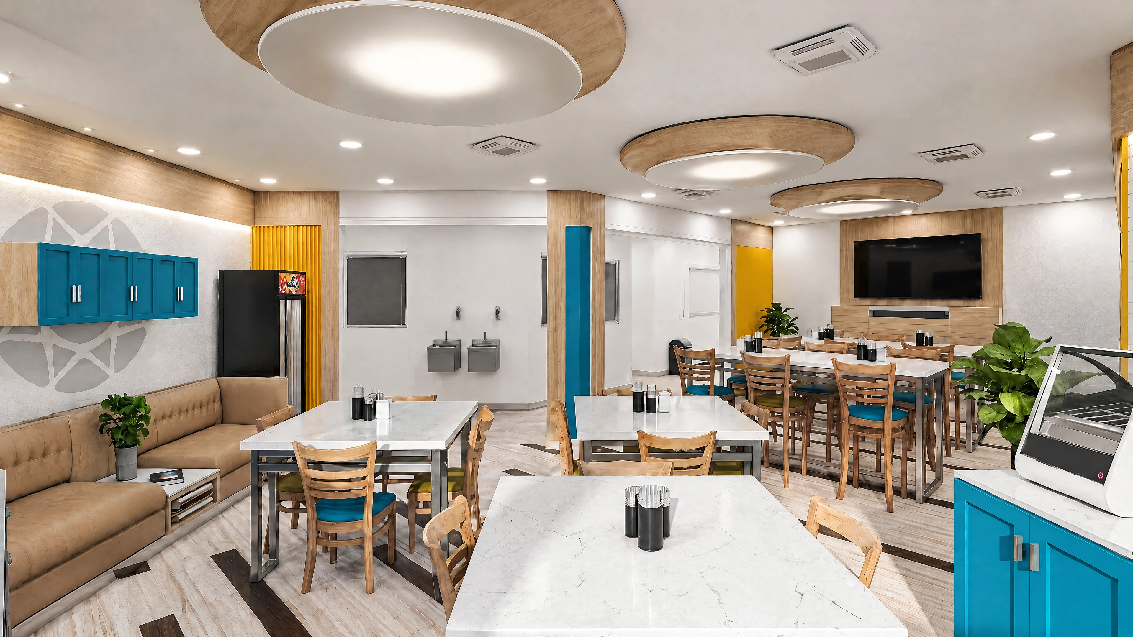 AI-enhanced project view — Wide cafeteria view connecting seating and refreshment areas.