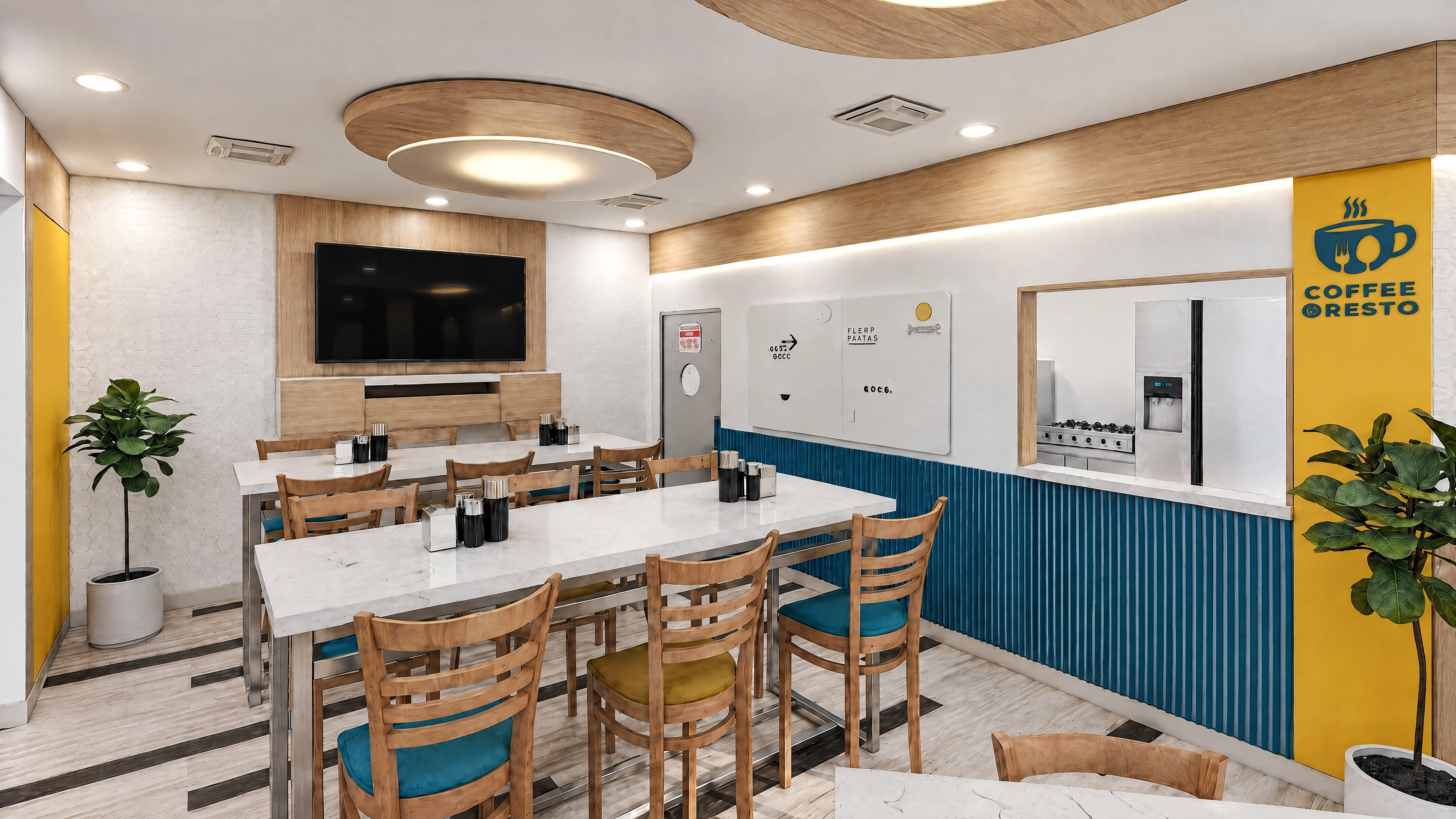 AI-enhanced project view — Dining area beside a television wall and service window.