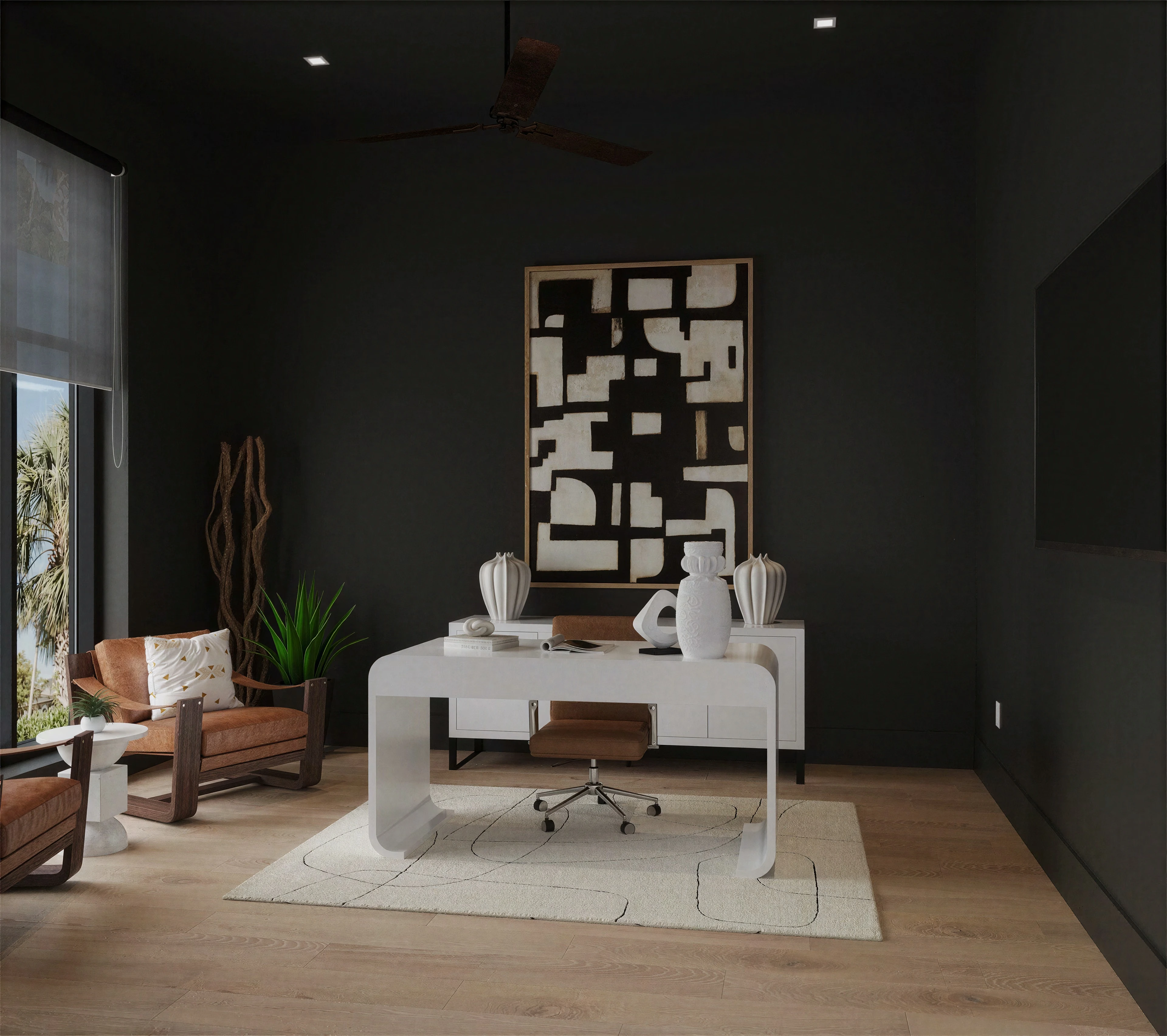 Dark sitting room with a fireplace and patterned artwork.