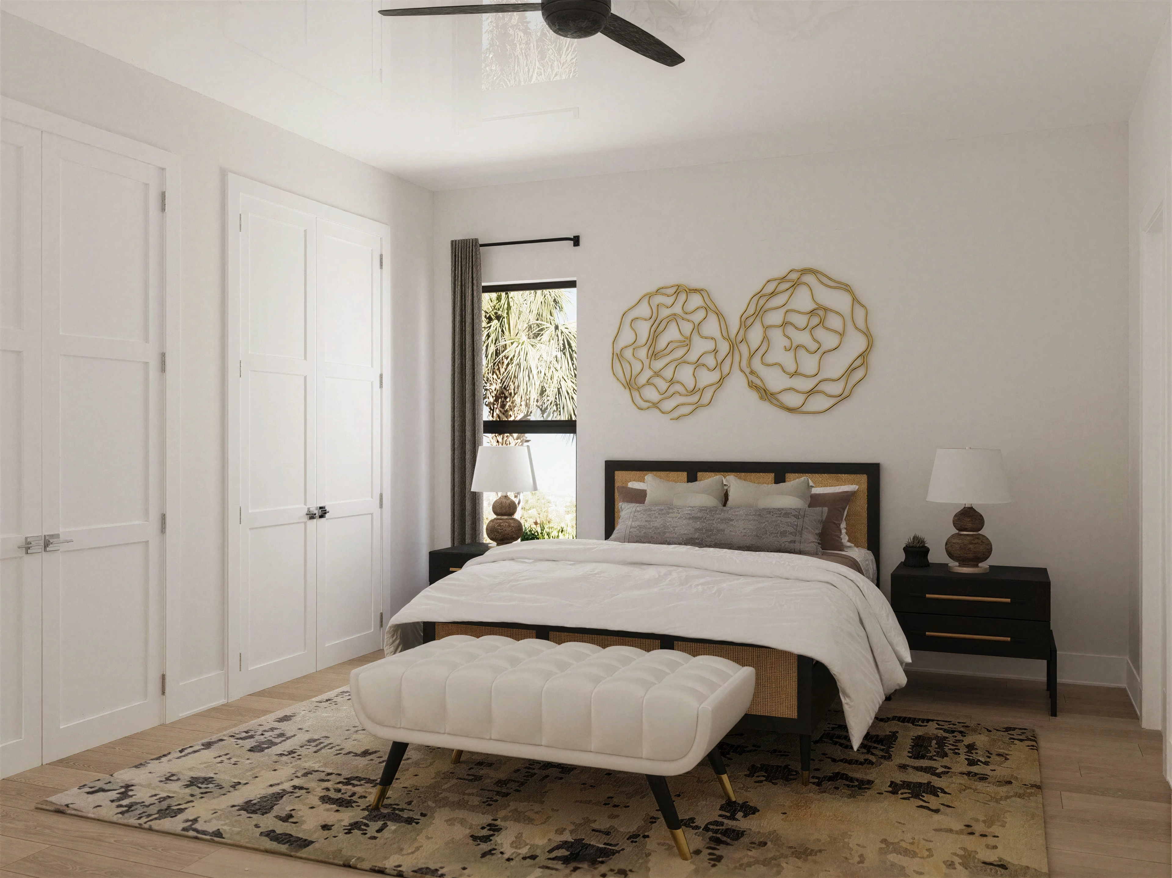 Bedroom with a patterned rug and wall decorations above the bed.