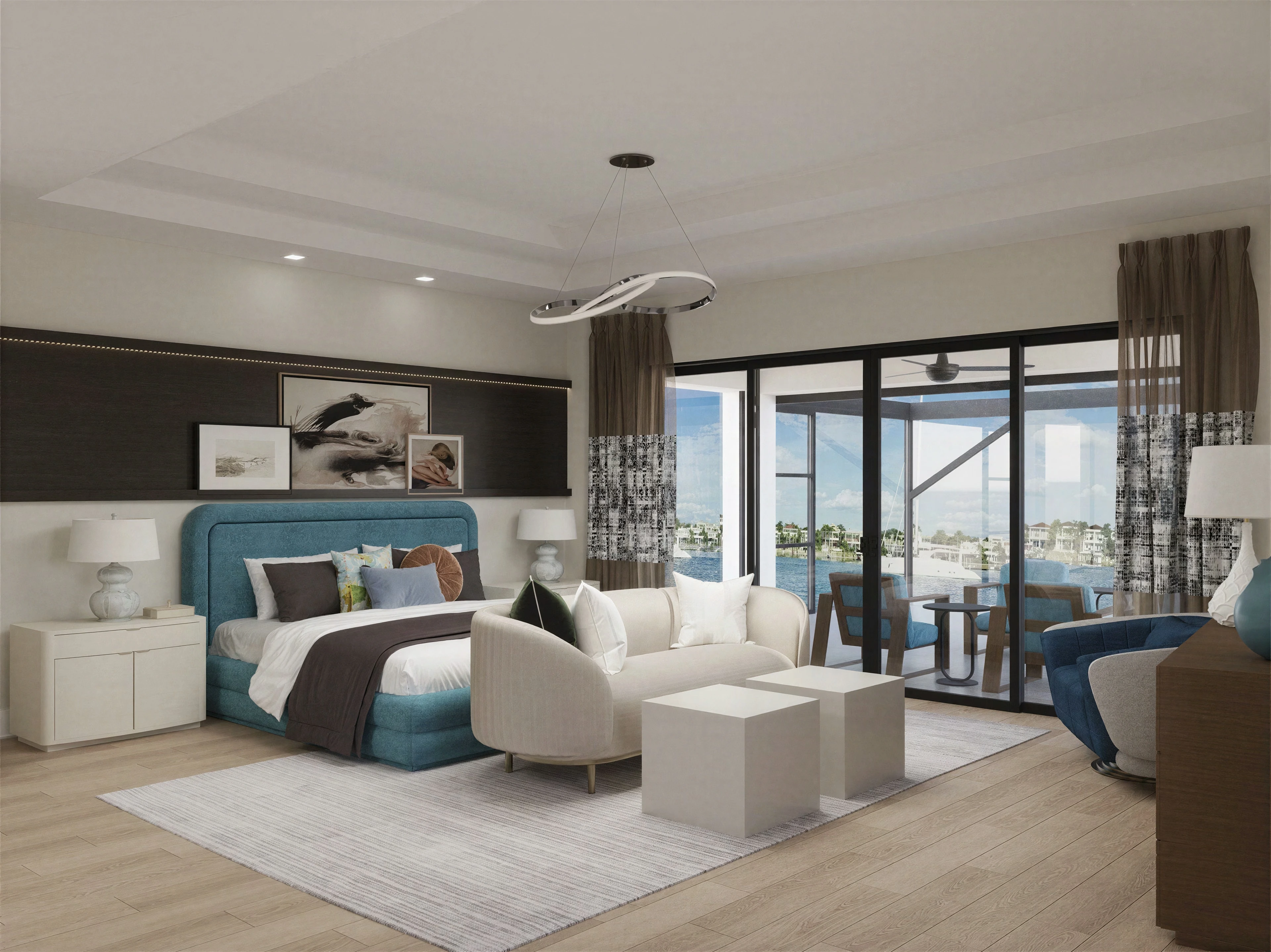 Bedroom suite with a separate seating area and large windows.