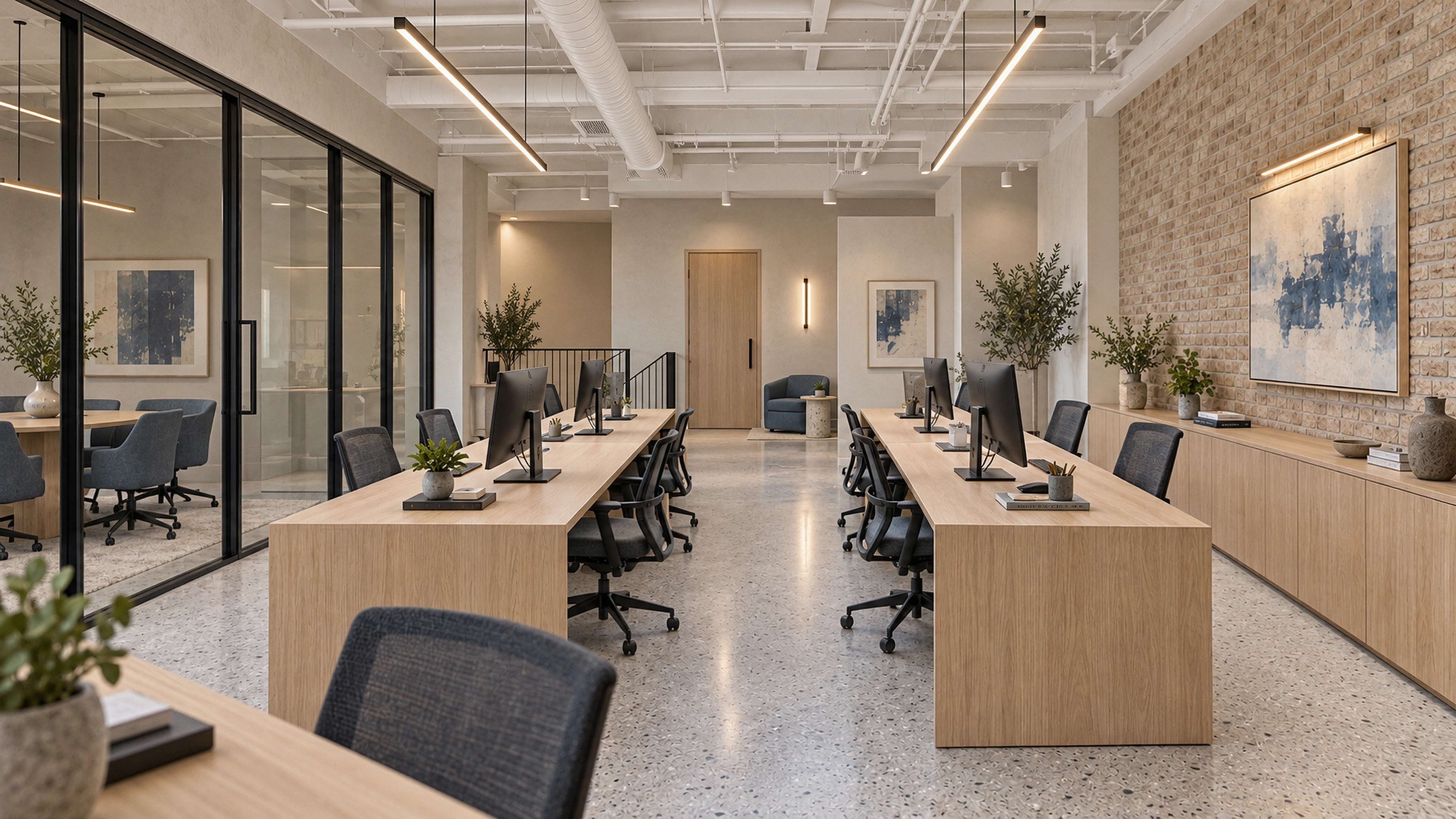 Clematis Digital Studio — open work, clear circulation; AI-generated design-concept visualization.