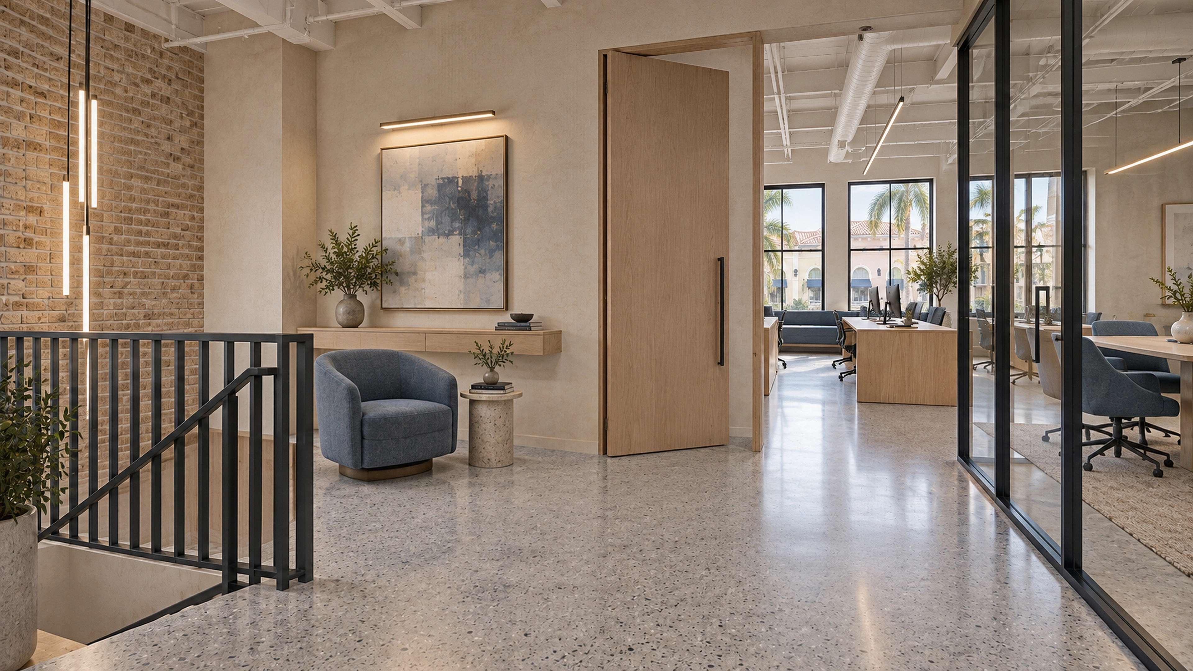 Clematis Digital Studio — the second-floor arrival; AI-generated design-concept visualization.