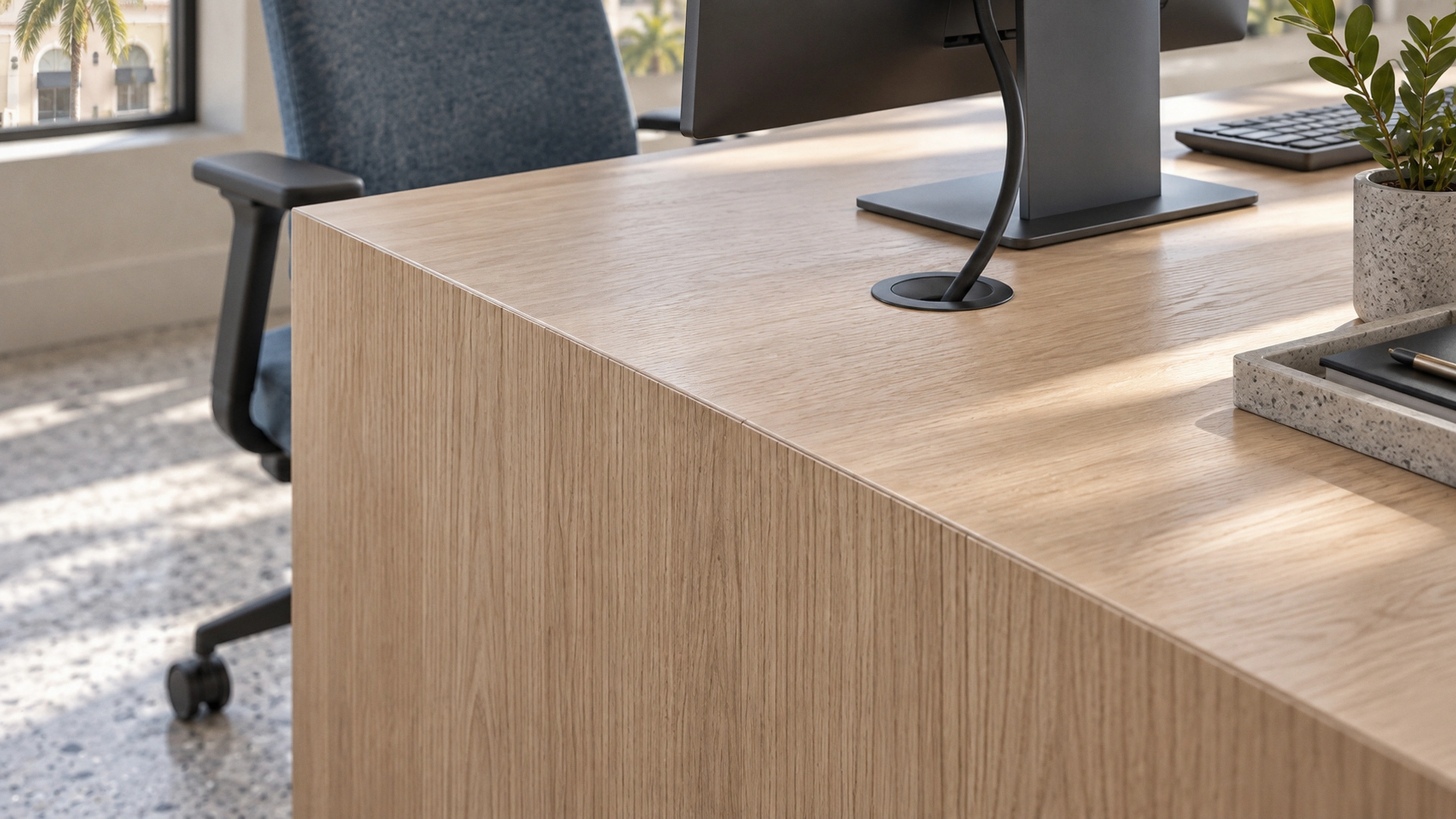 Clematis Digital Studio — oak joinery and integrated cable routing; AI-generated design-concept visualization.