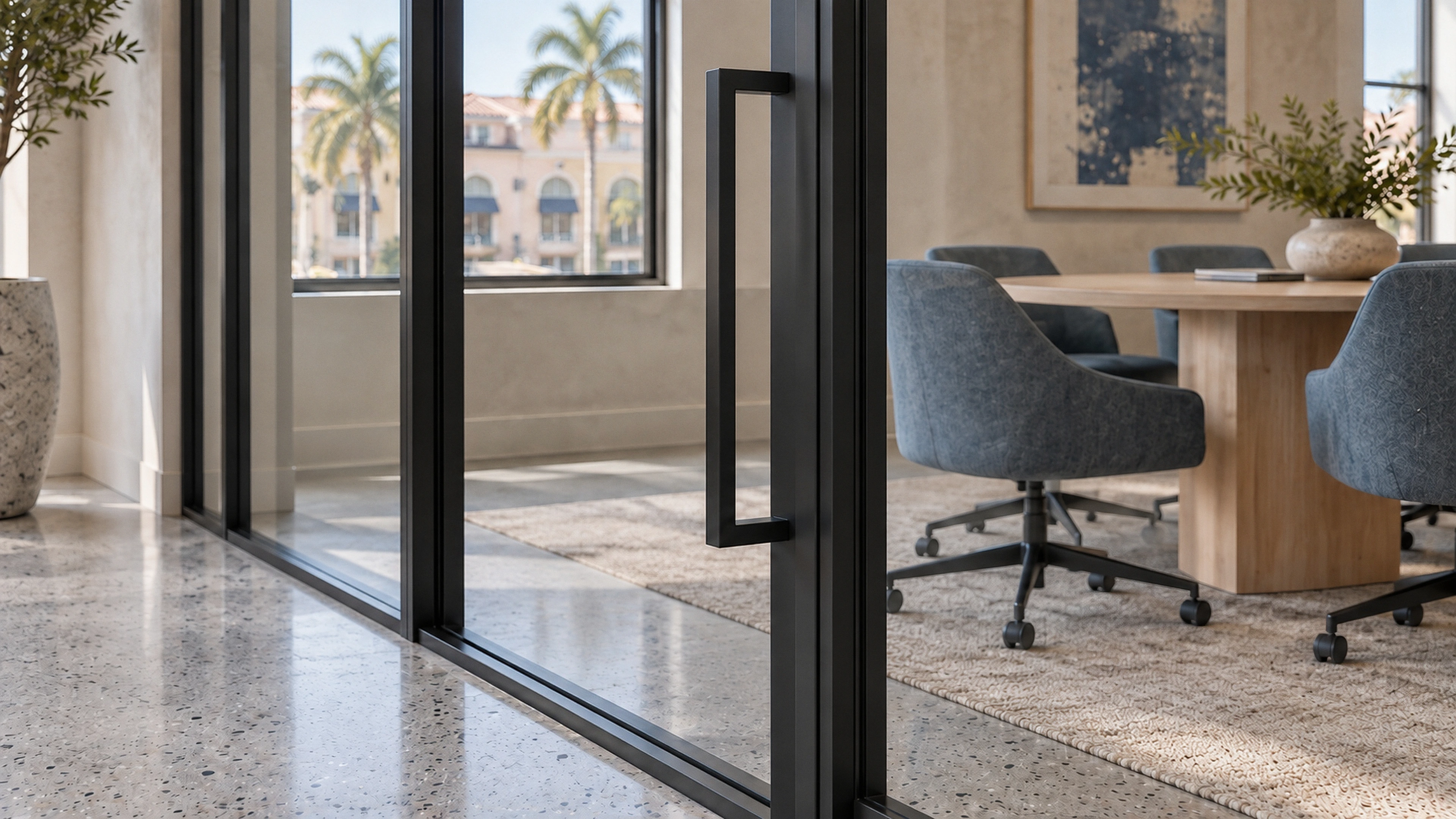 Clematis Digital Studio — slim glazing and a continuous floor; AI-generated design-concept visualization.