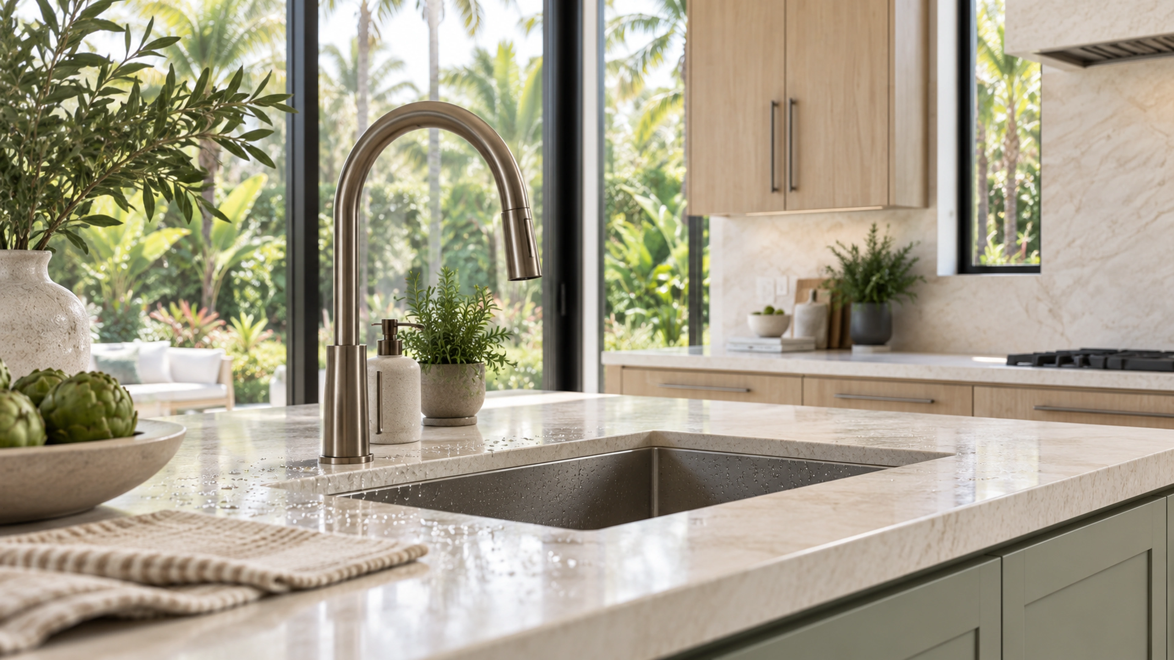 Garden Kitchen — the sink and stone; design-concept visualization.