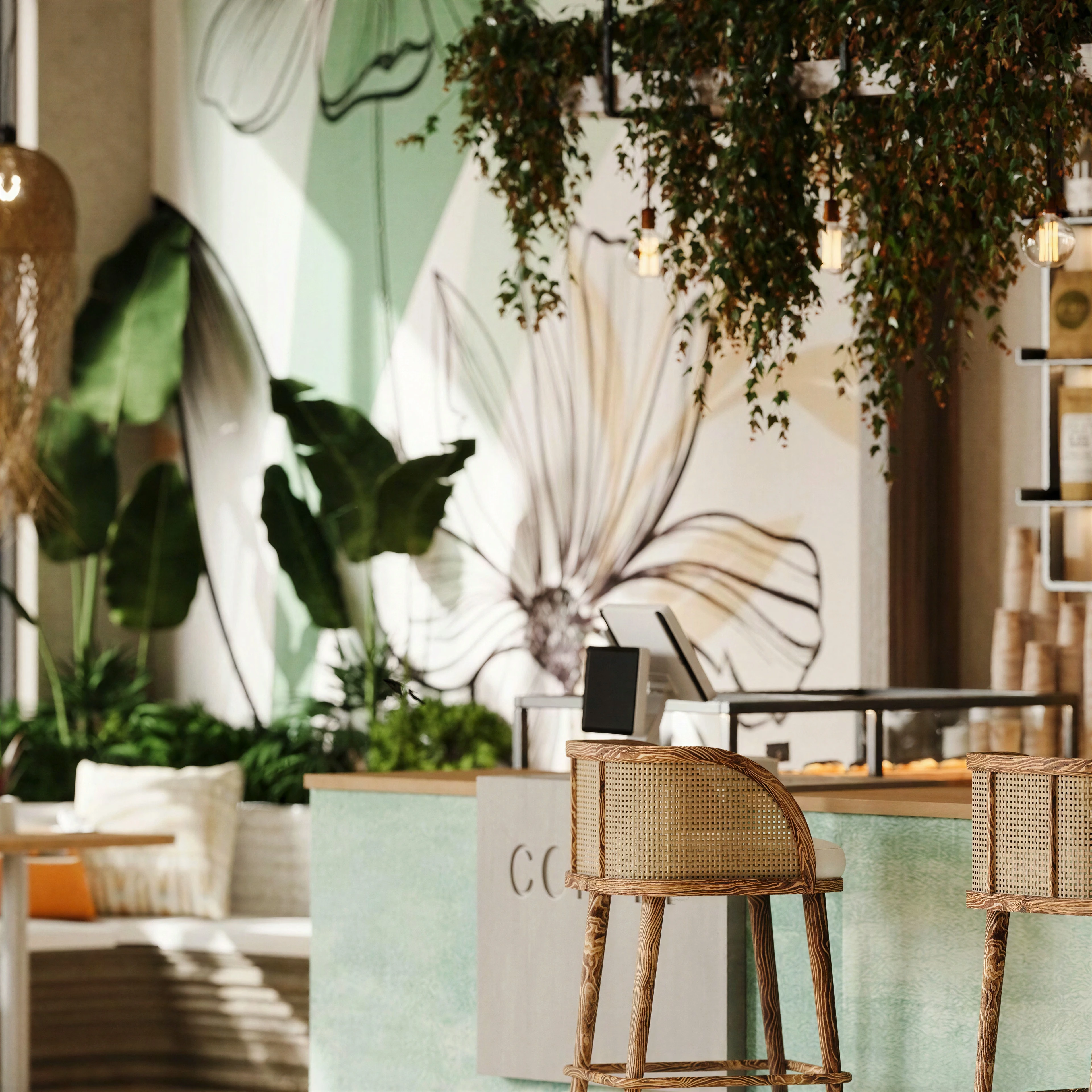 Counter seating beside a botanical wall mural.