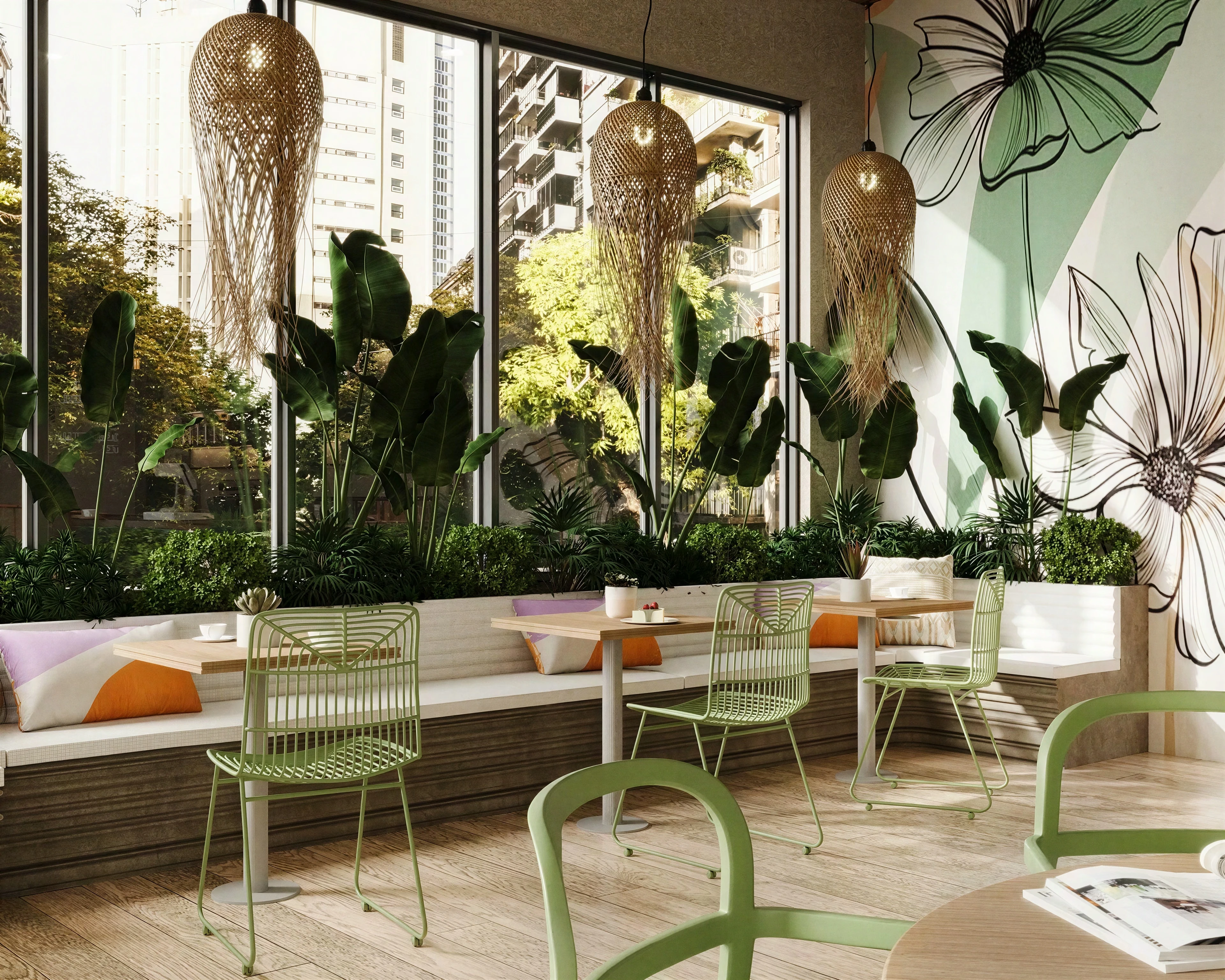 Window-side café bench with plants and pale tables.