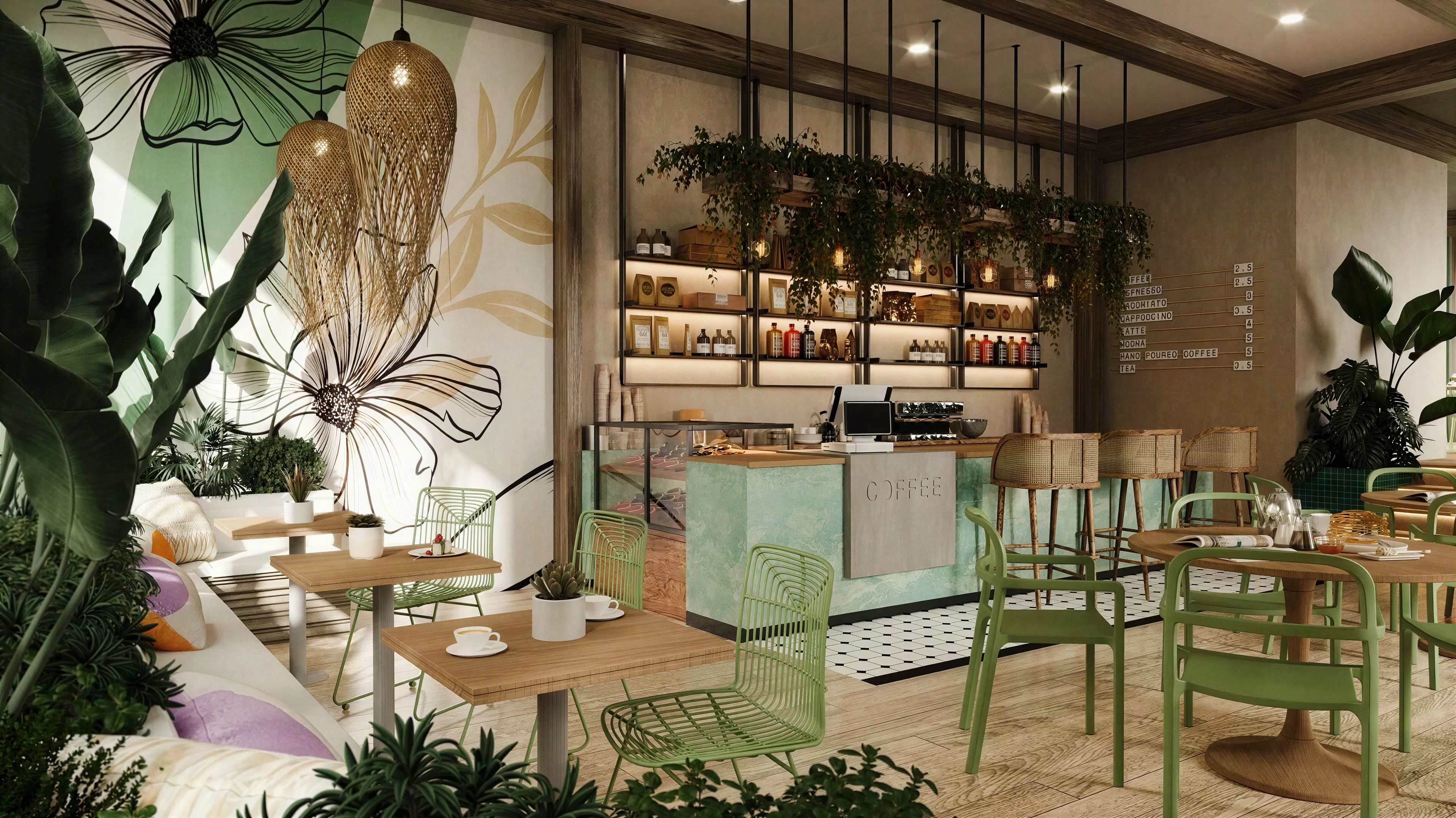 Bakery counter and café seating beneath decorative pendant shades.