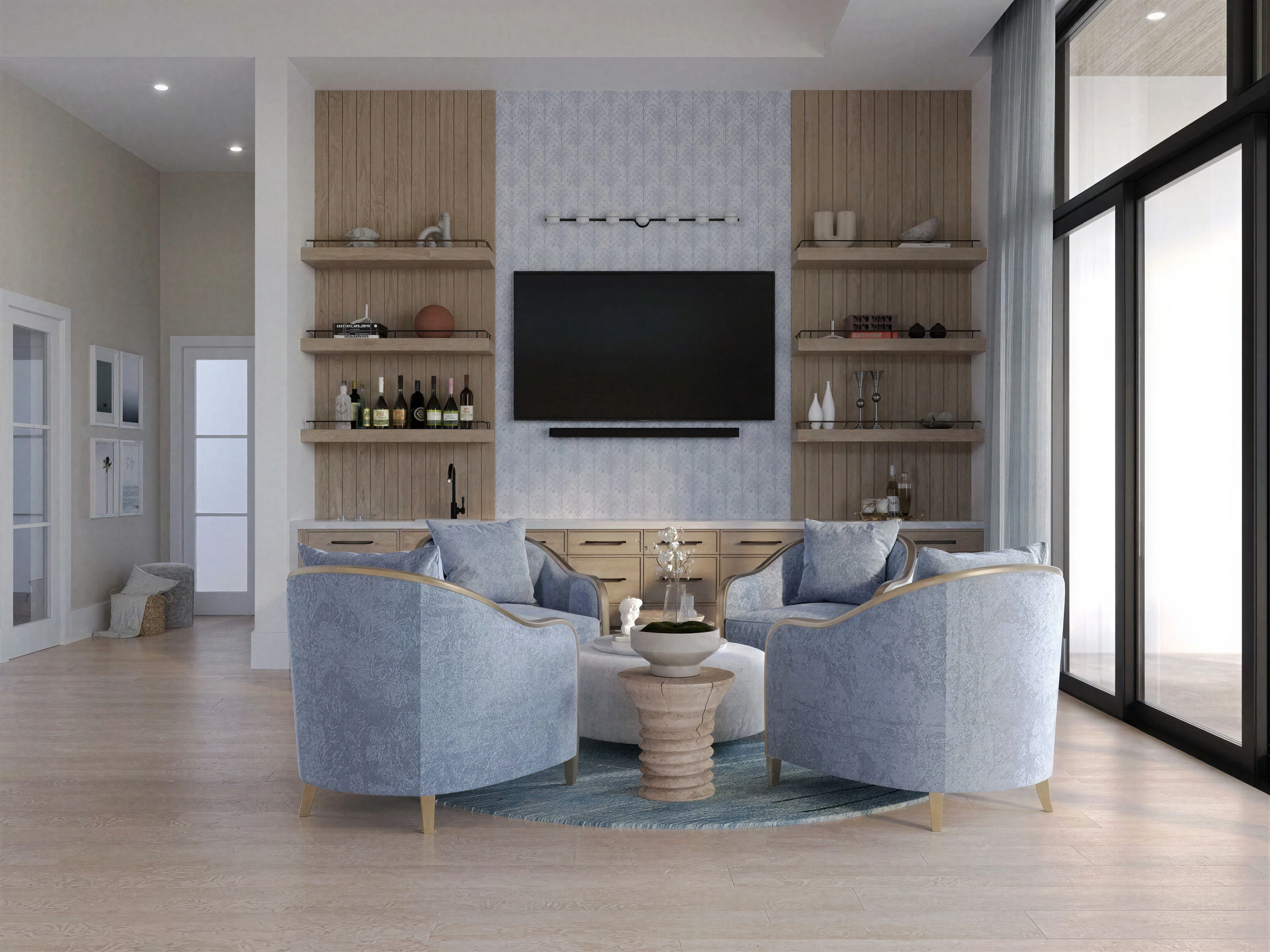 Living area with built-in shelves and a television wall.