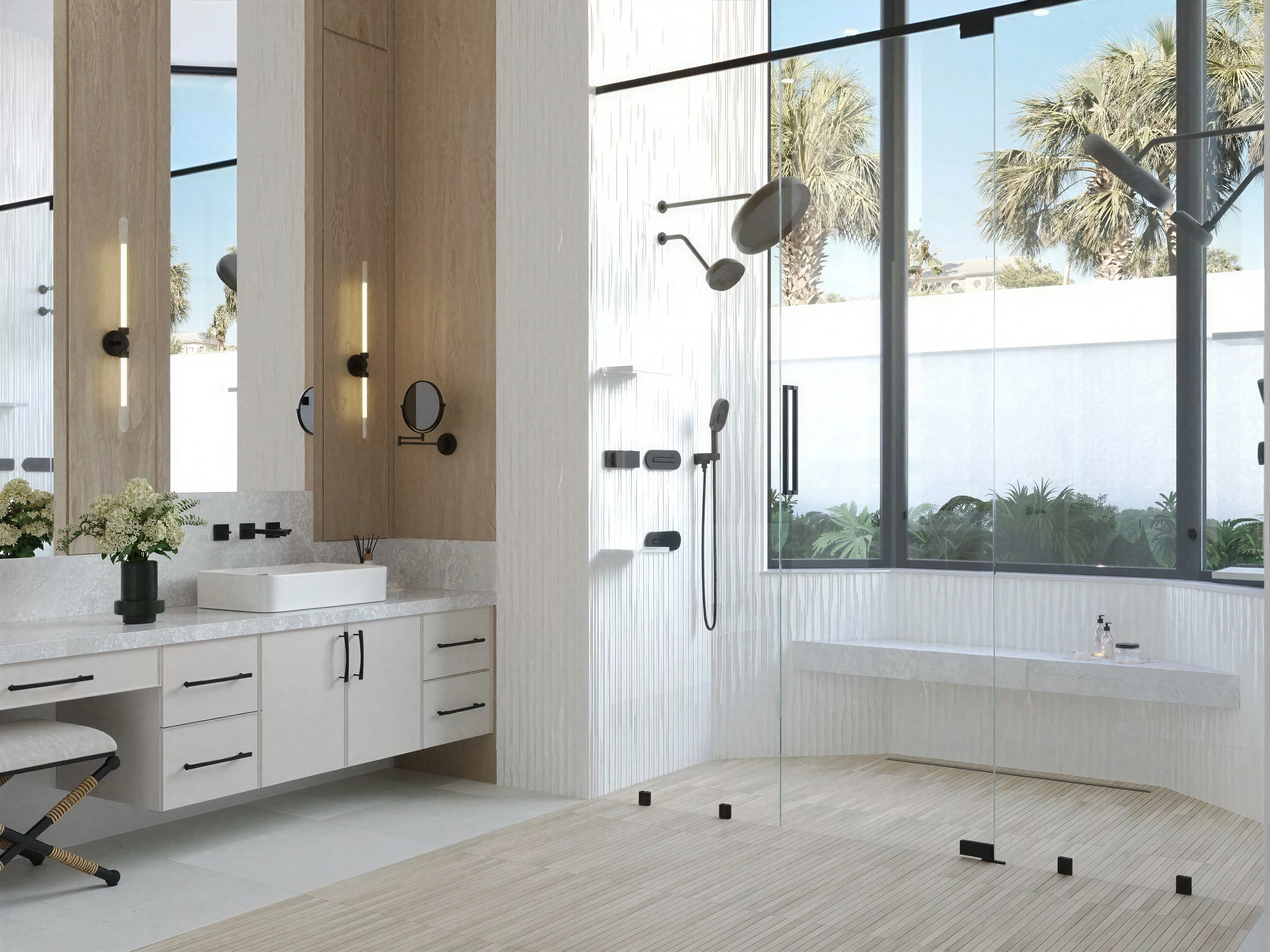 Bathroom with a shower, vanity and large window.