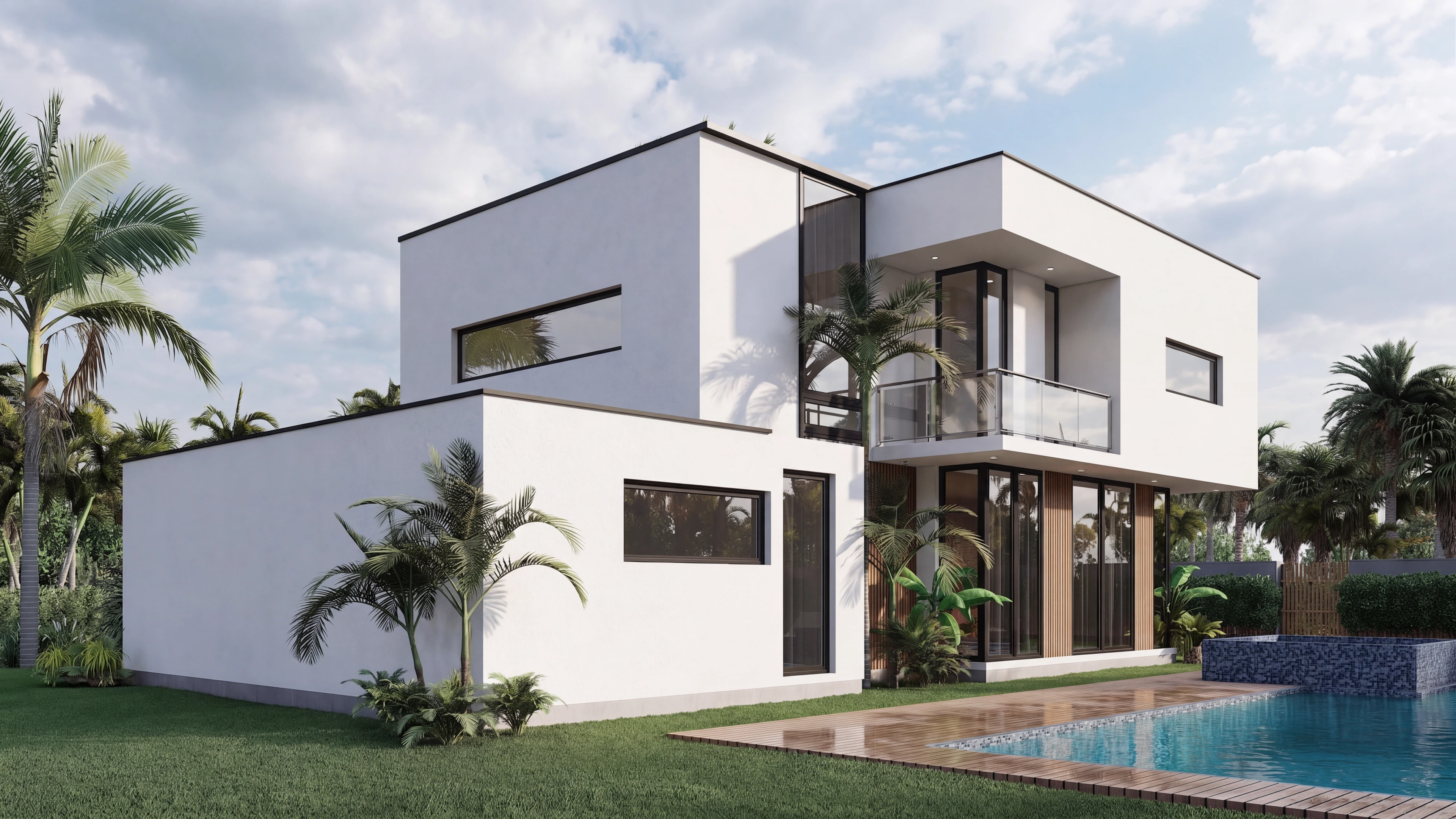 Corner view of the home beside a pool and lawn.