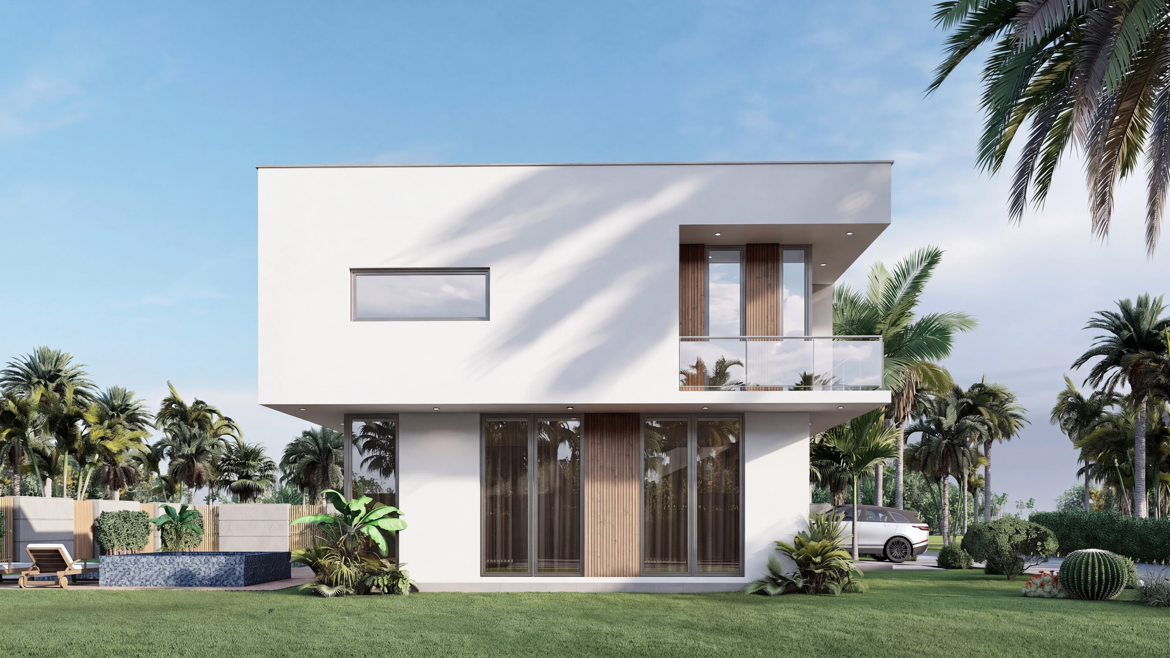 Garden-side elevation with broad ground-floor windows.