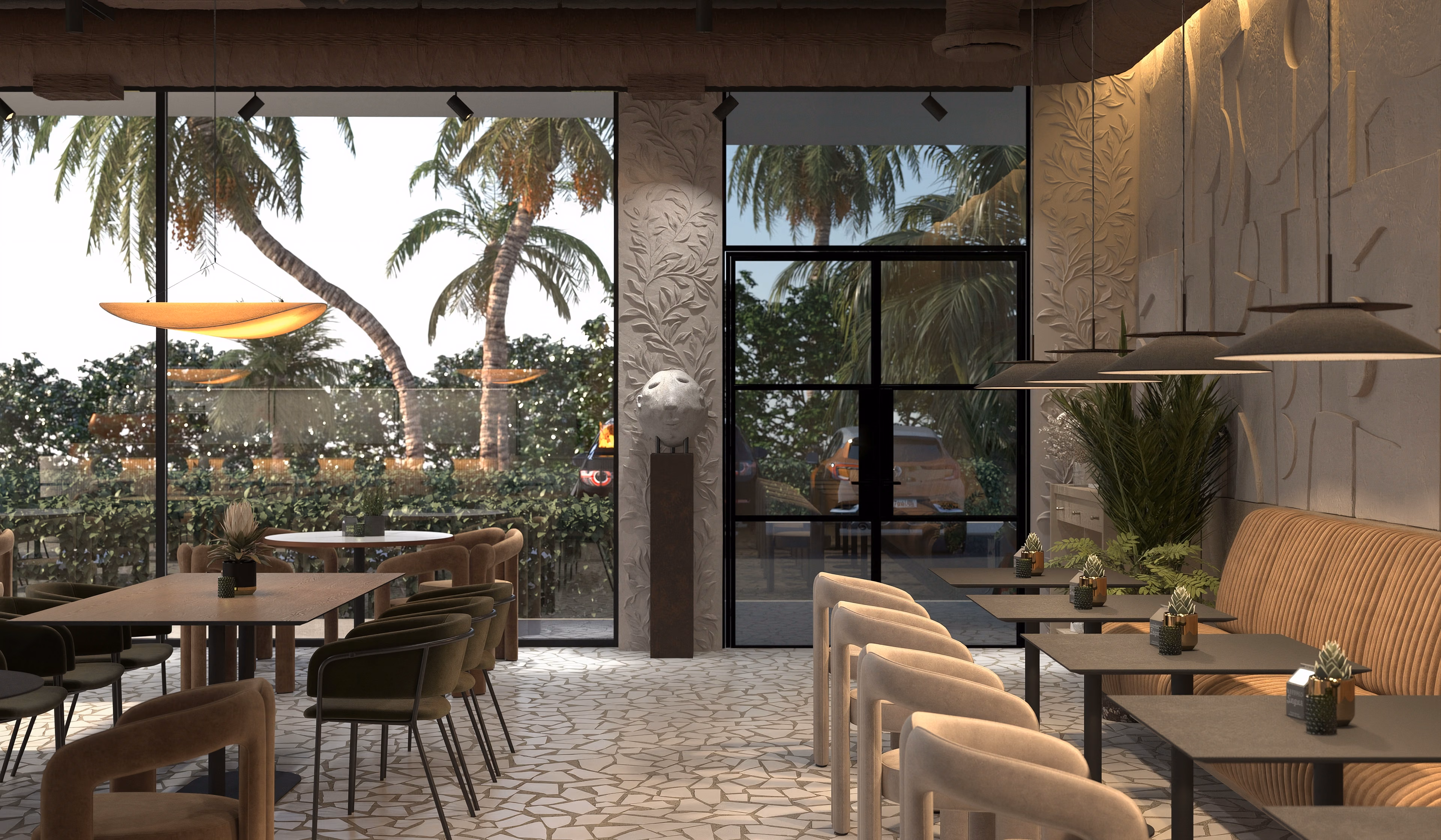 Booth seating and café tables beside a tall glass doorway.