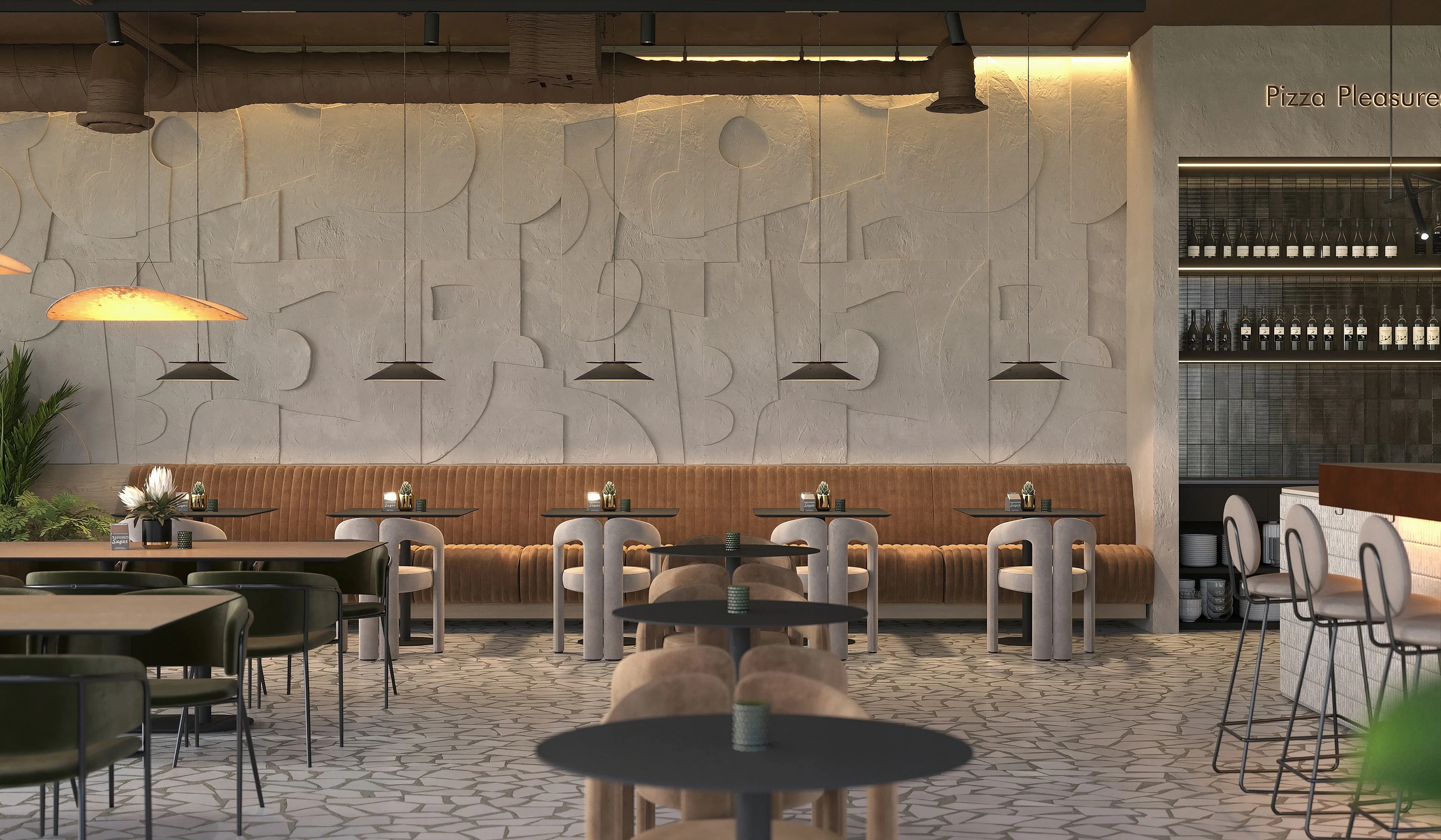 Pizzeria tables beside a textured feature wall and booth seating.