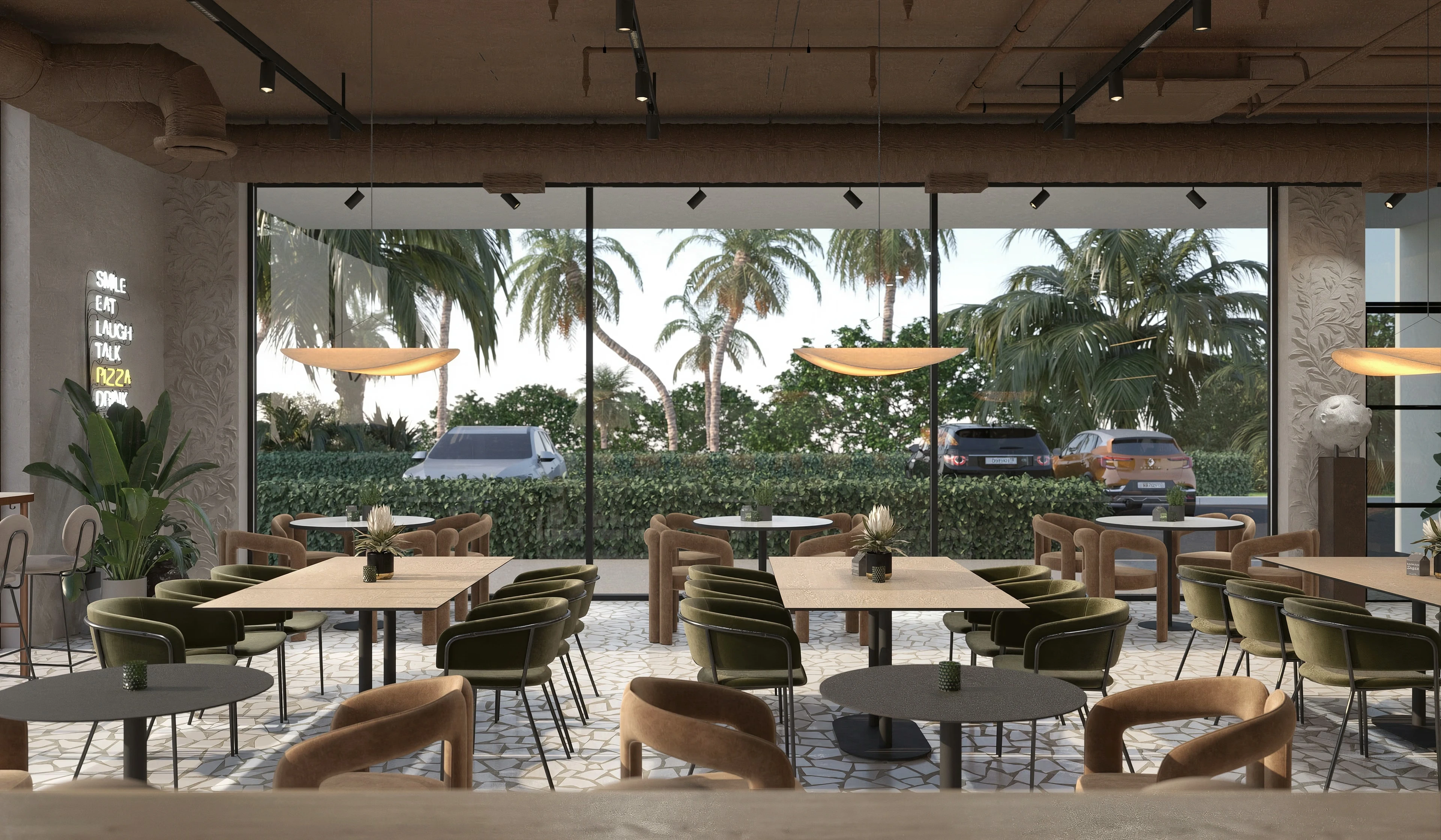 Pizzeria dining area facing an outdoor terrace with palm trees.