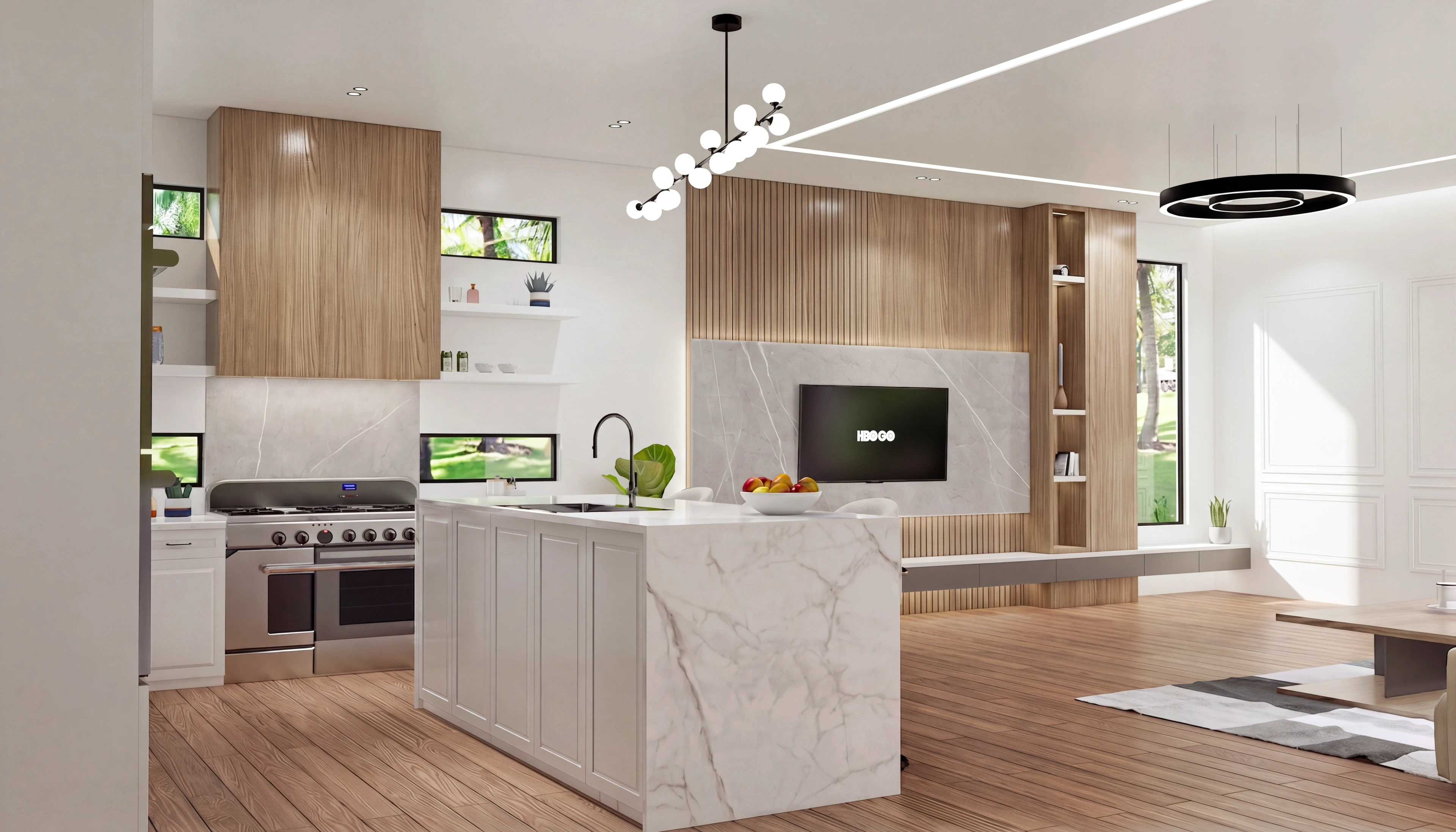 Kitchen island and built-in media wall viewed from the living area.