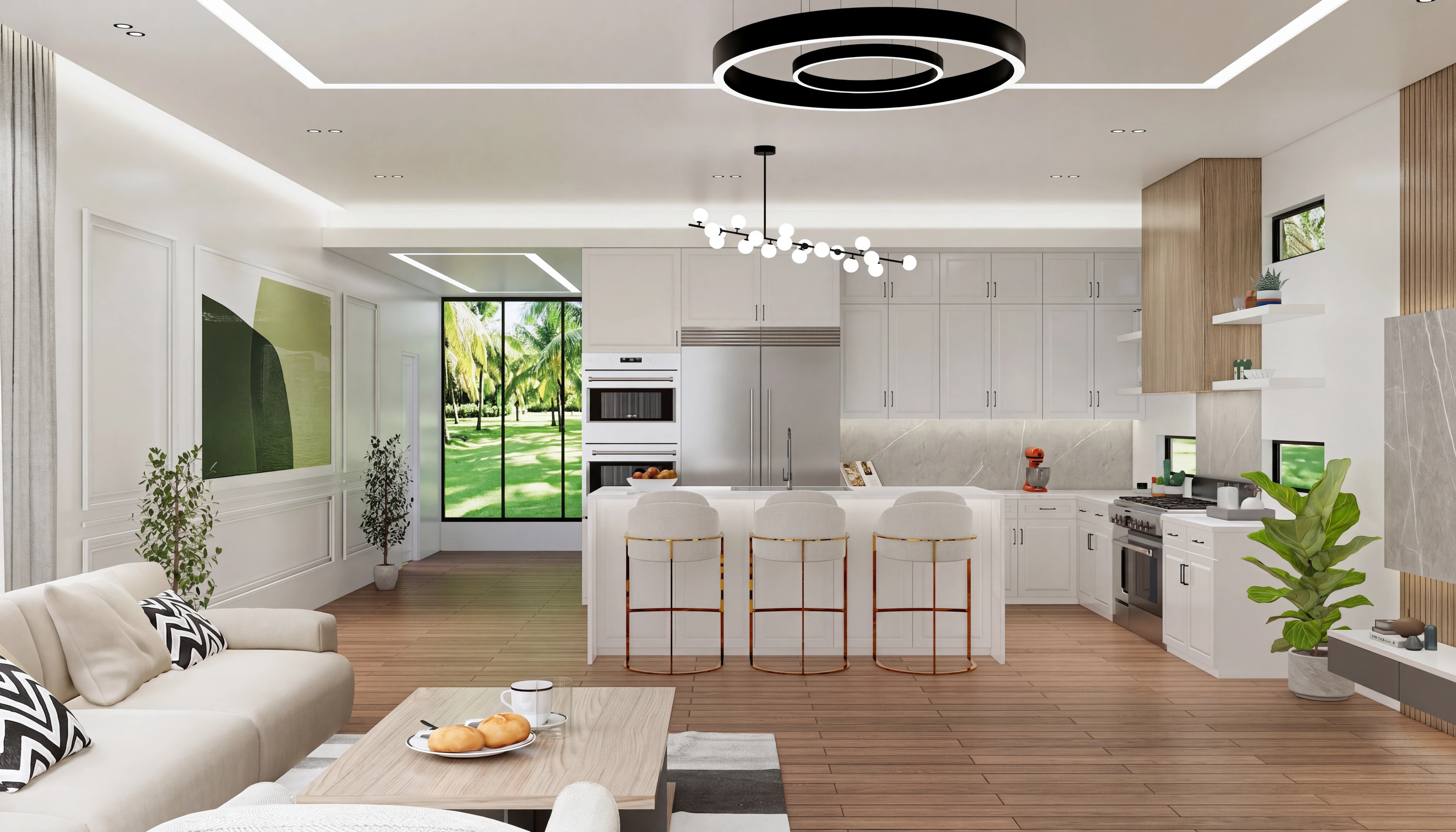 Living room facing white kitchen cabinets and island seating.