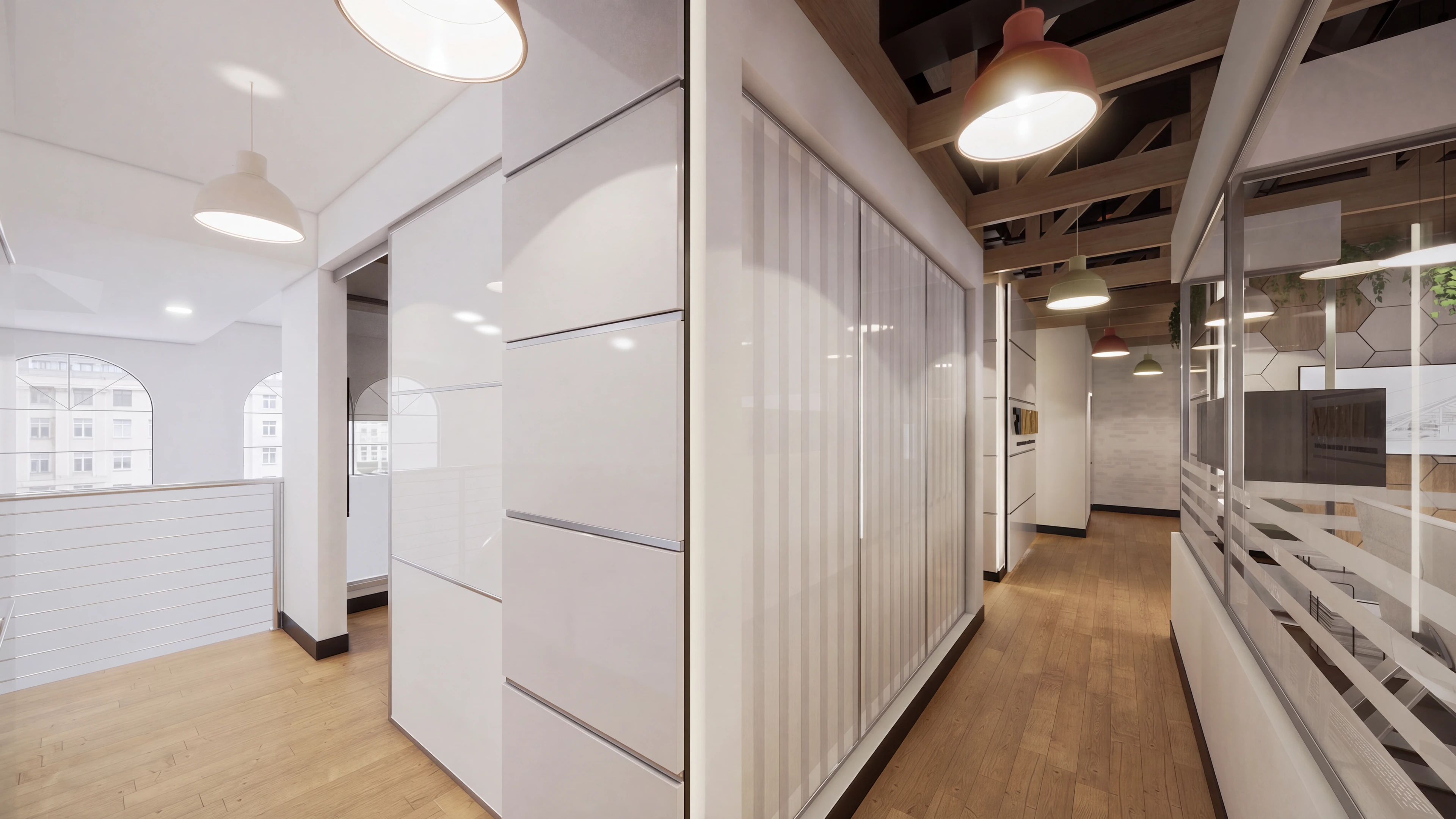 Office corridor between partitioned workspaces.