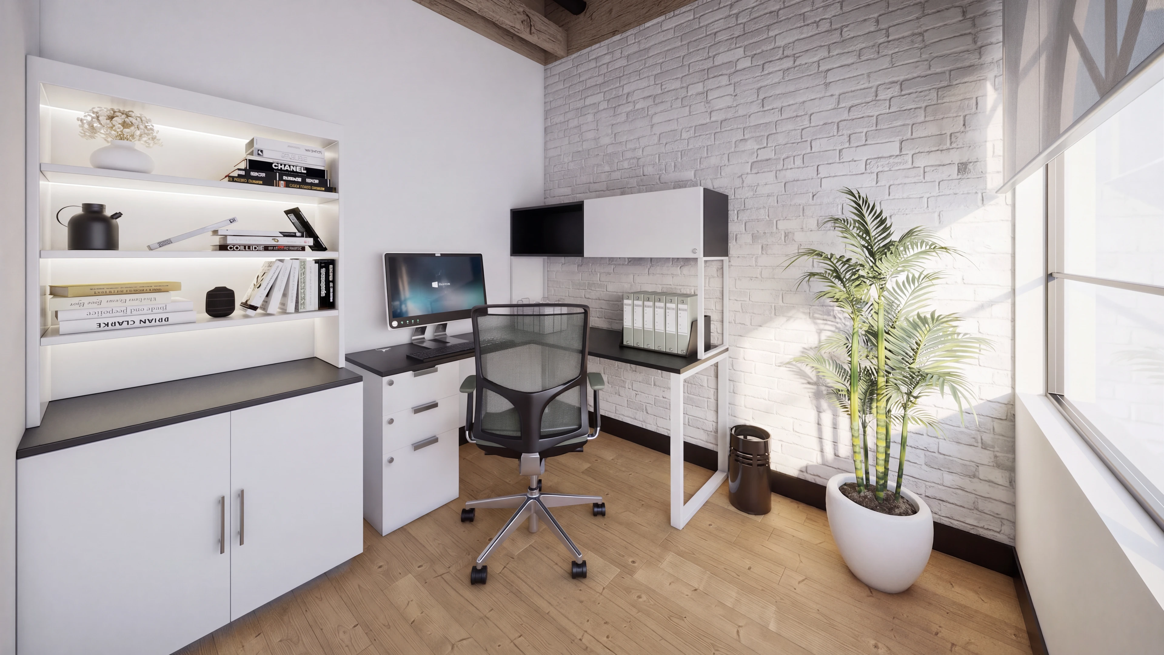 Private office workstation with white cabinets and wall shelving.