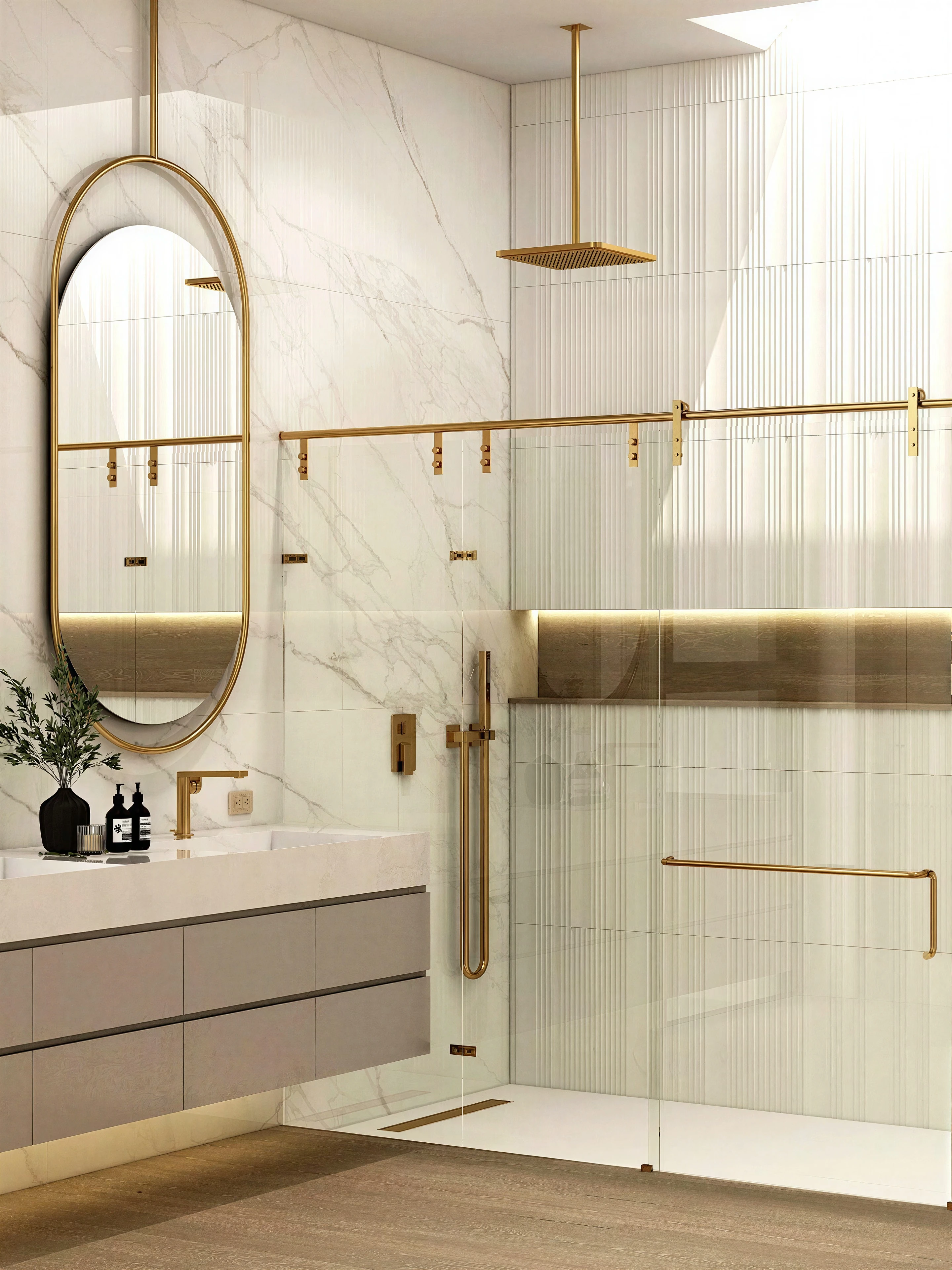 Bathroom vanity and glass shower with brass-toned fittings.
