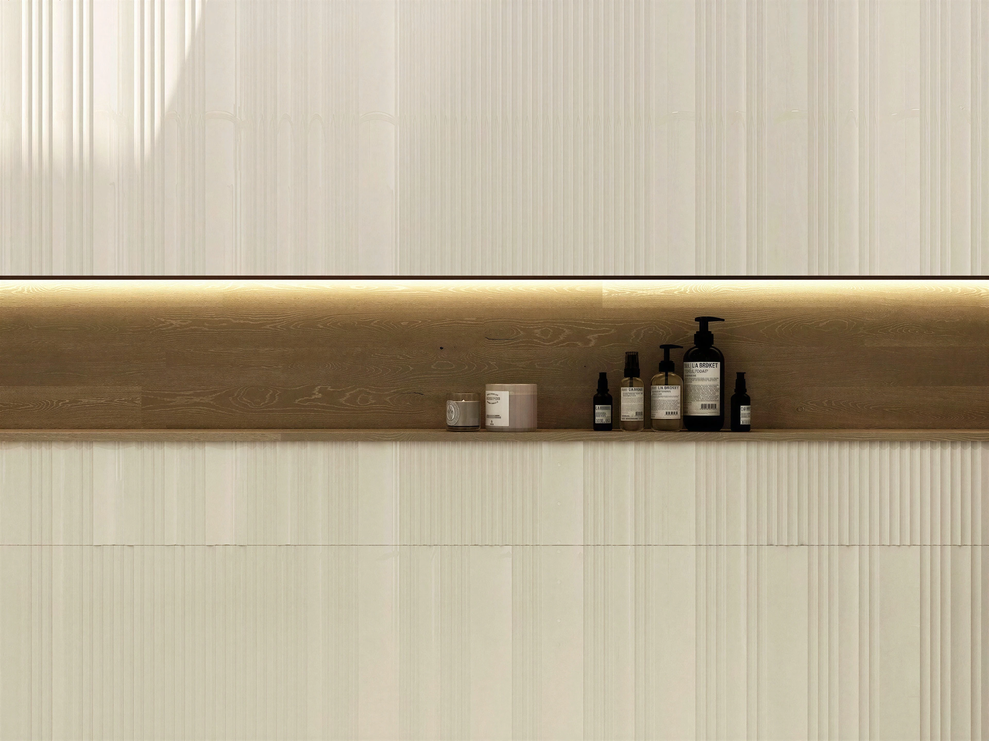 Recessed shower shelf with a warm strip light.