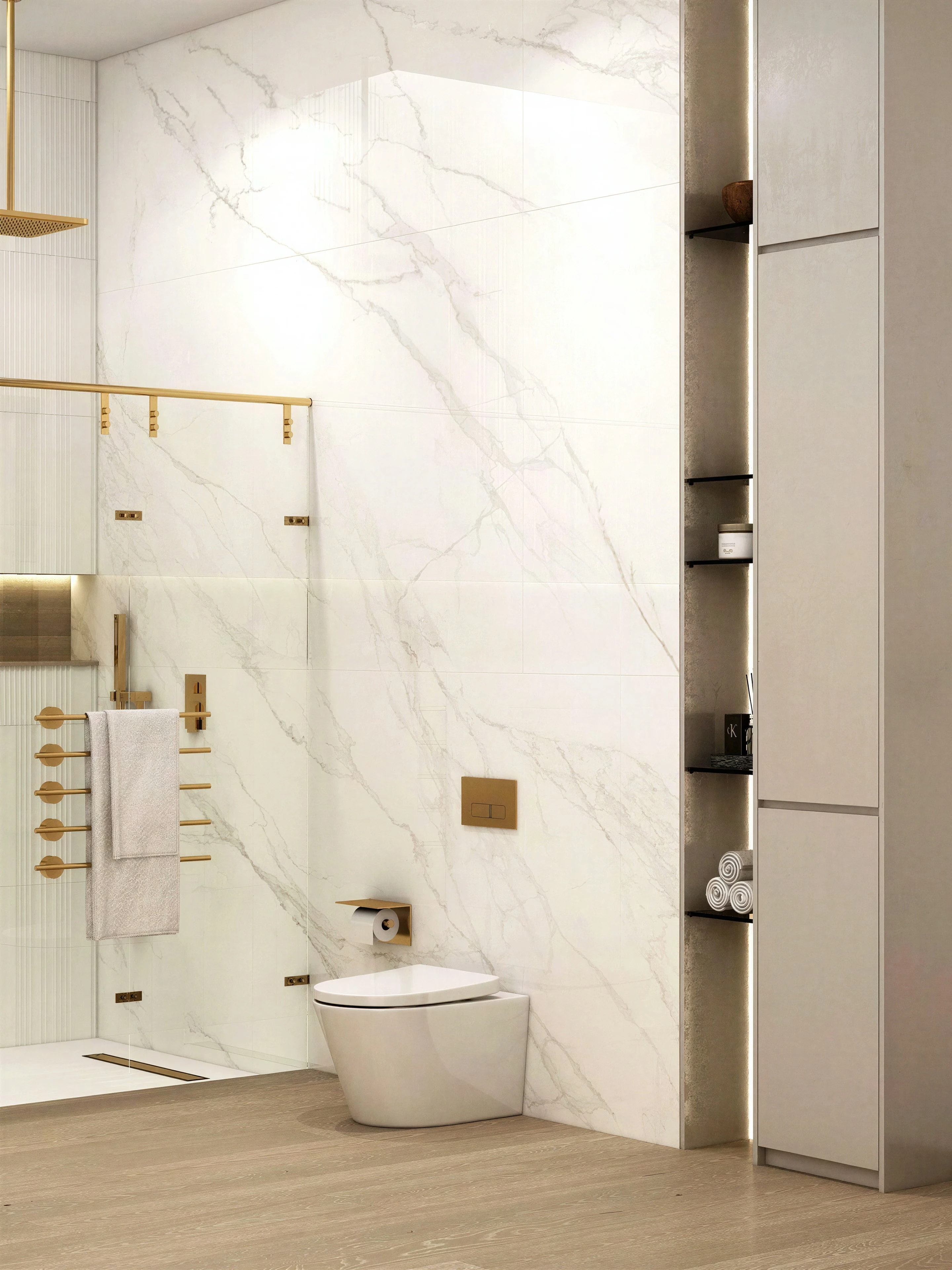 Shower and toilet area with pale tiled walls.