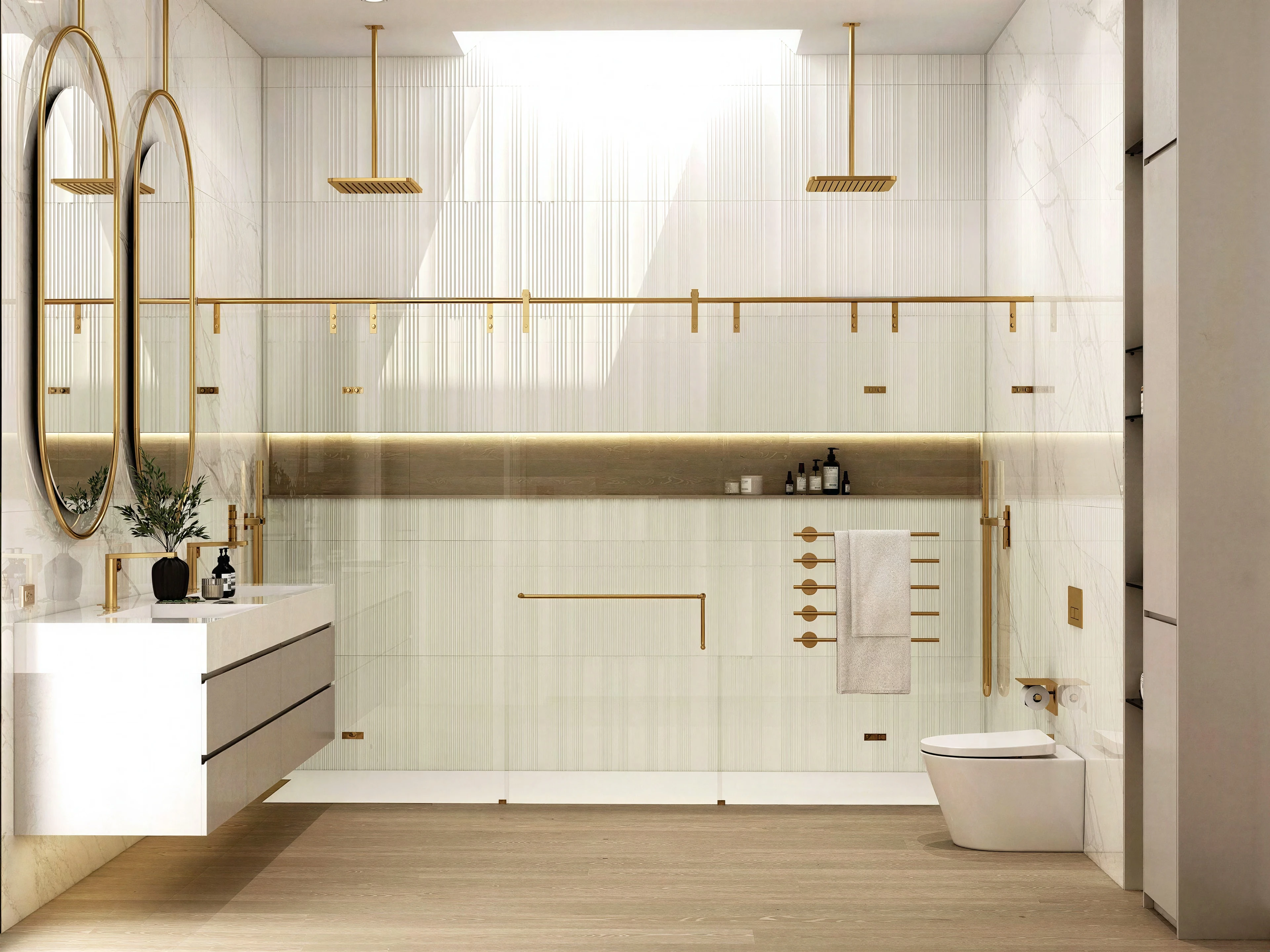 Wide bathroom view showing the vanity and walk-in shower.