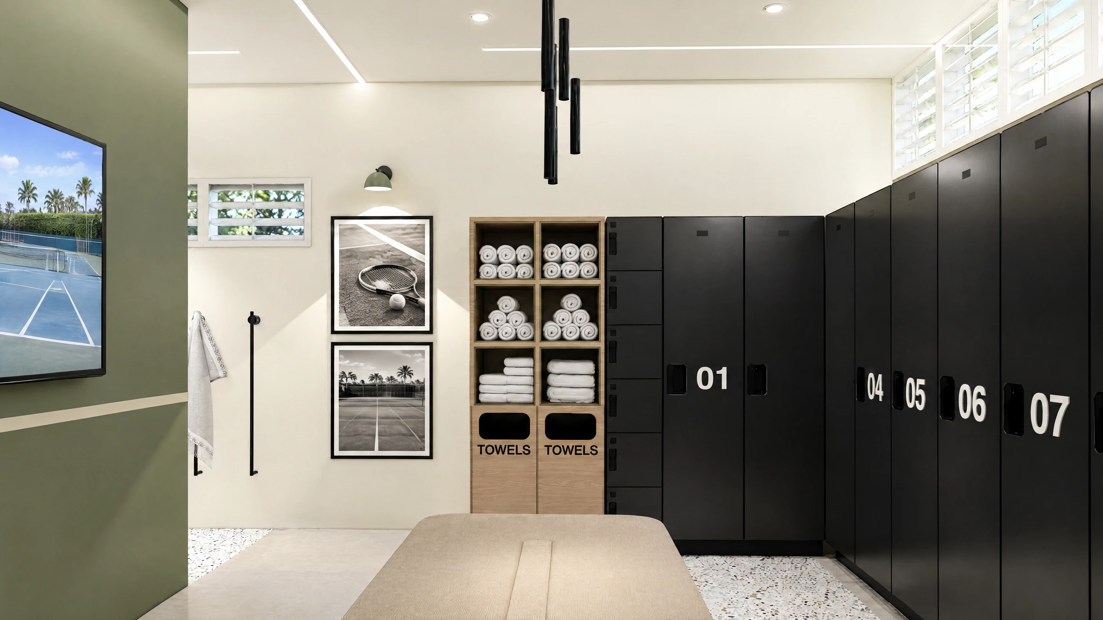 Numbered lockers beside display shelves and wall-mounted screens.