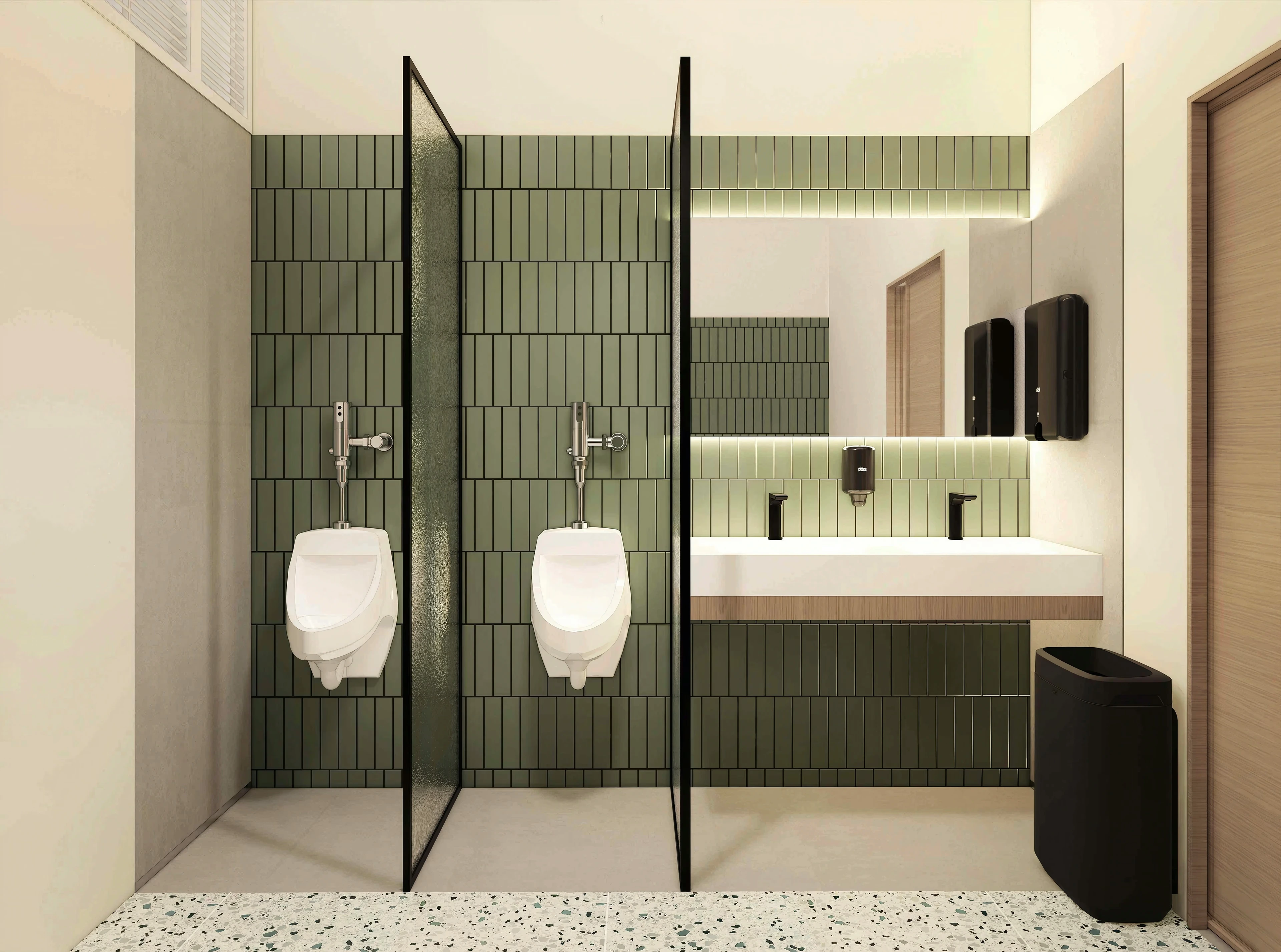 Restroom with green wall tile, urinals and a long vanity.