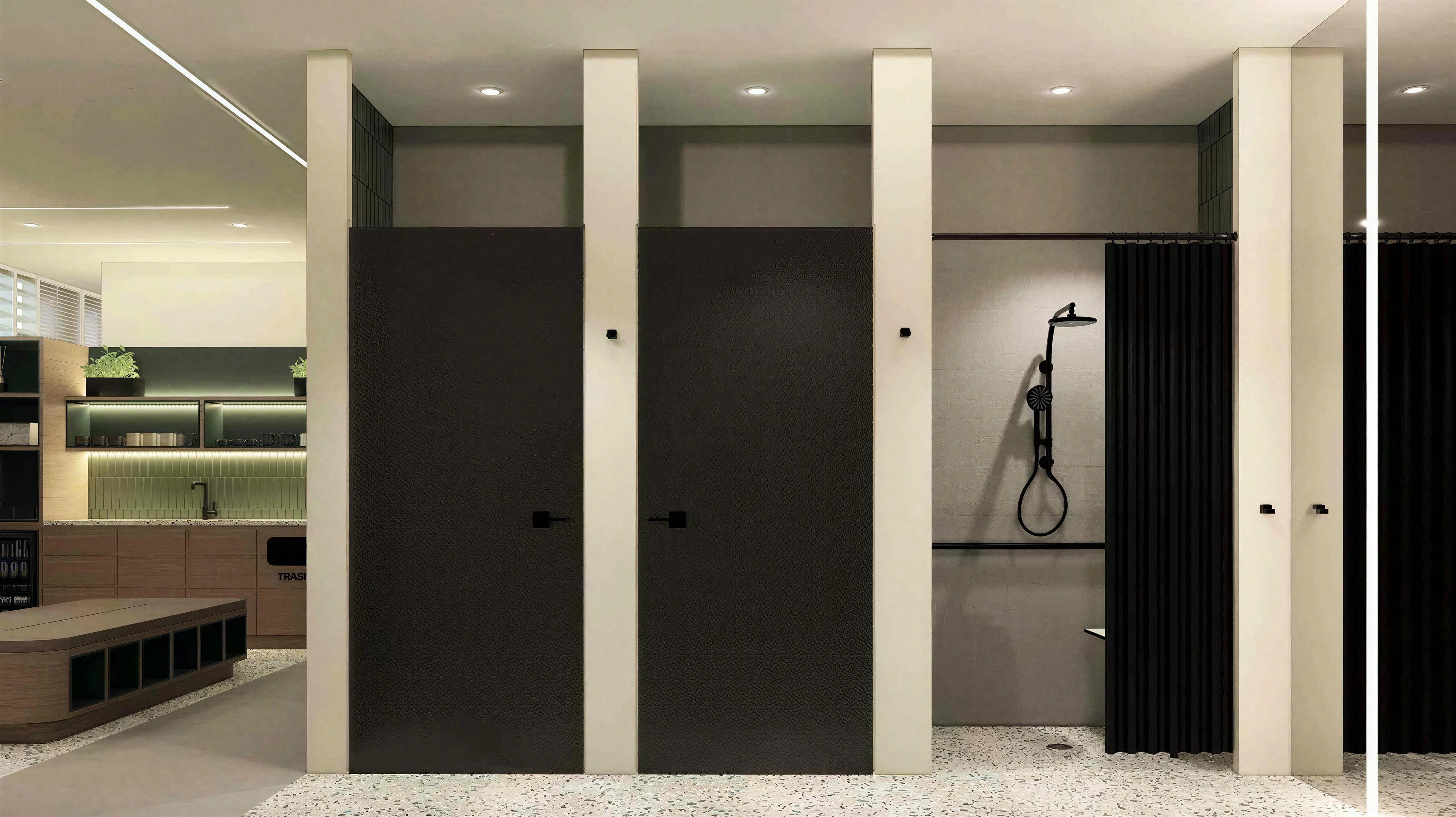 Individual shower stalls beside the changing area.