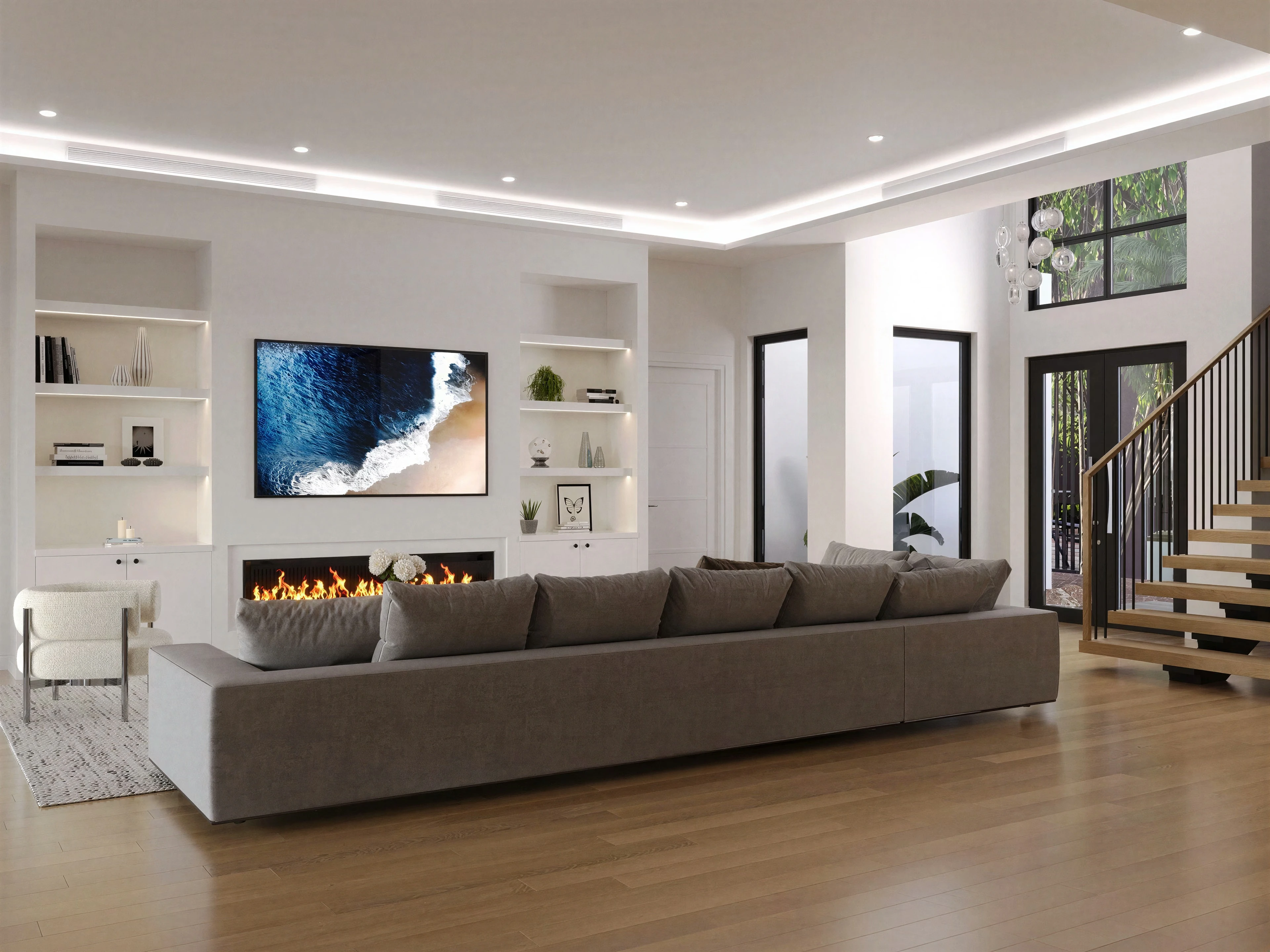 Living room with a long sofa and built-in media wall.