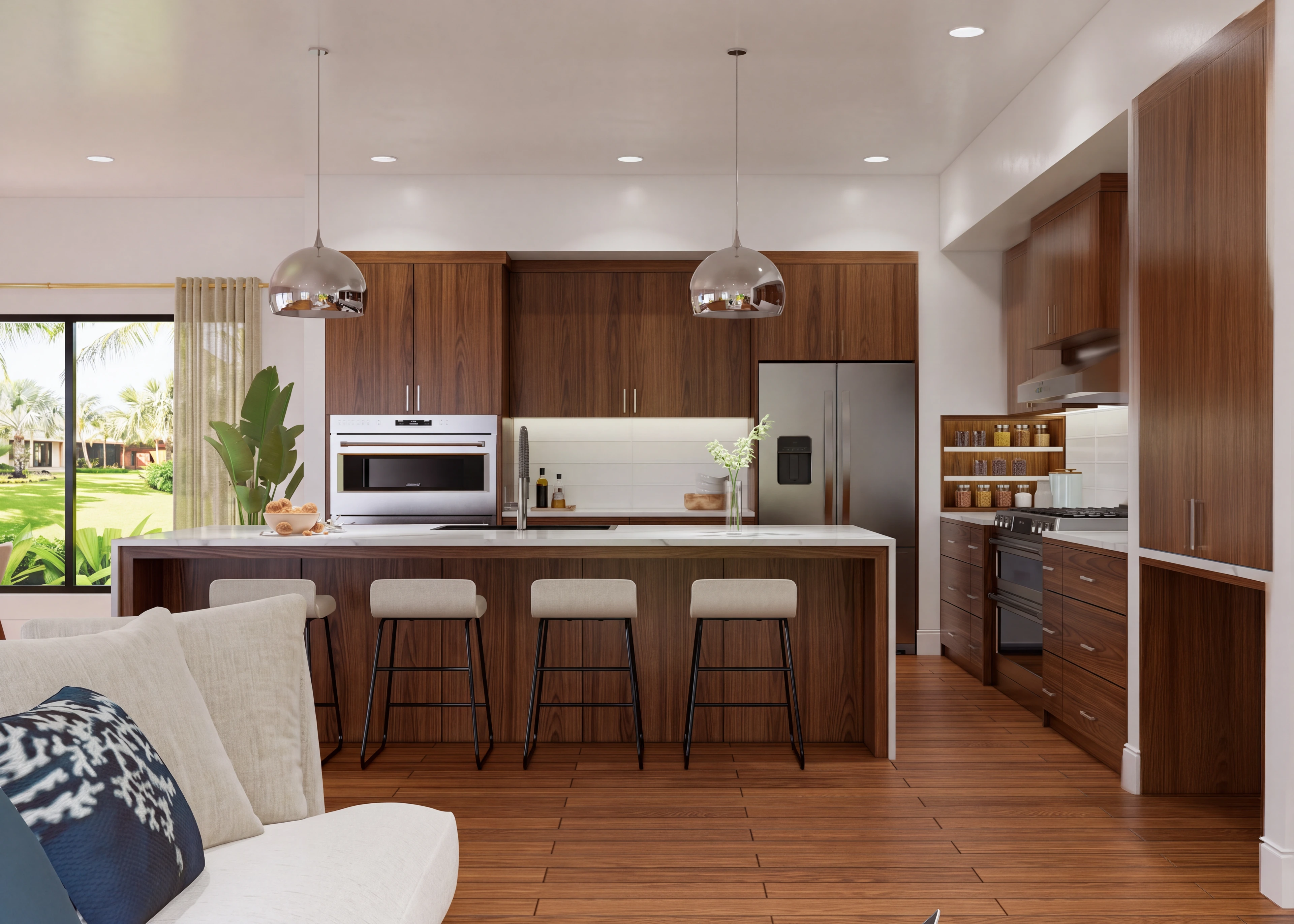 Kitchen island with counter stools and paired pendant lights.