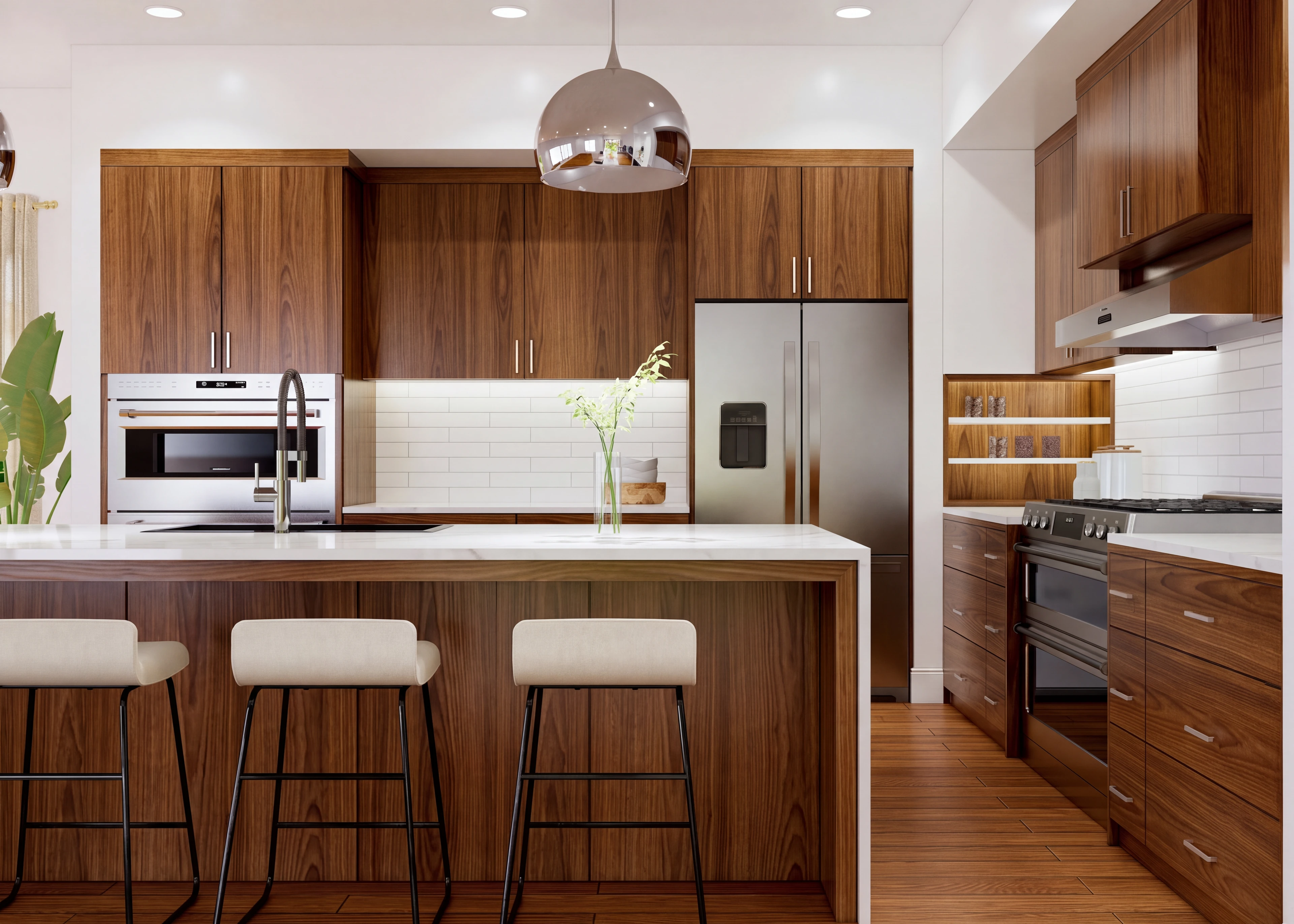 Wood kitchen cabinetry with integrated ovens and refrigerator.