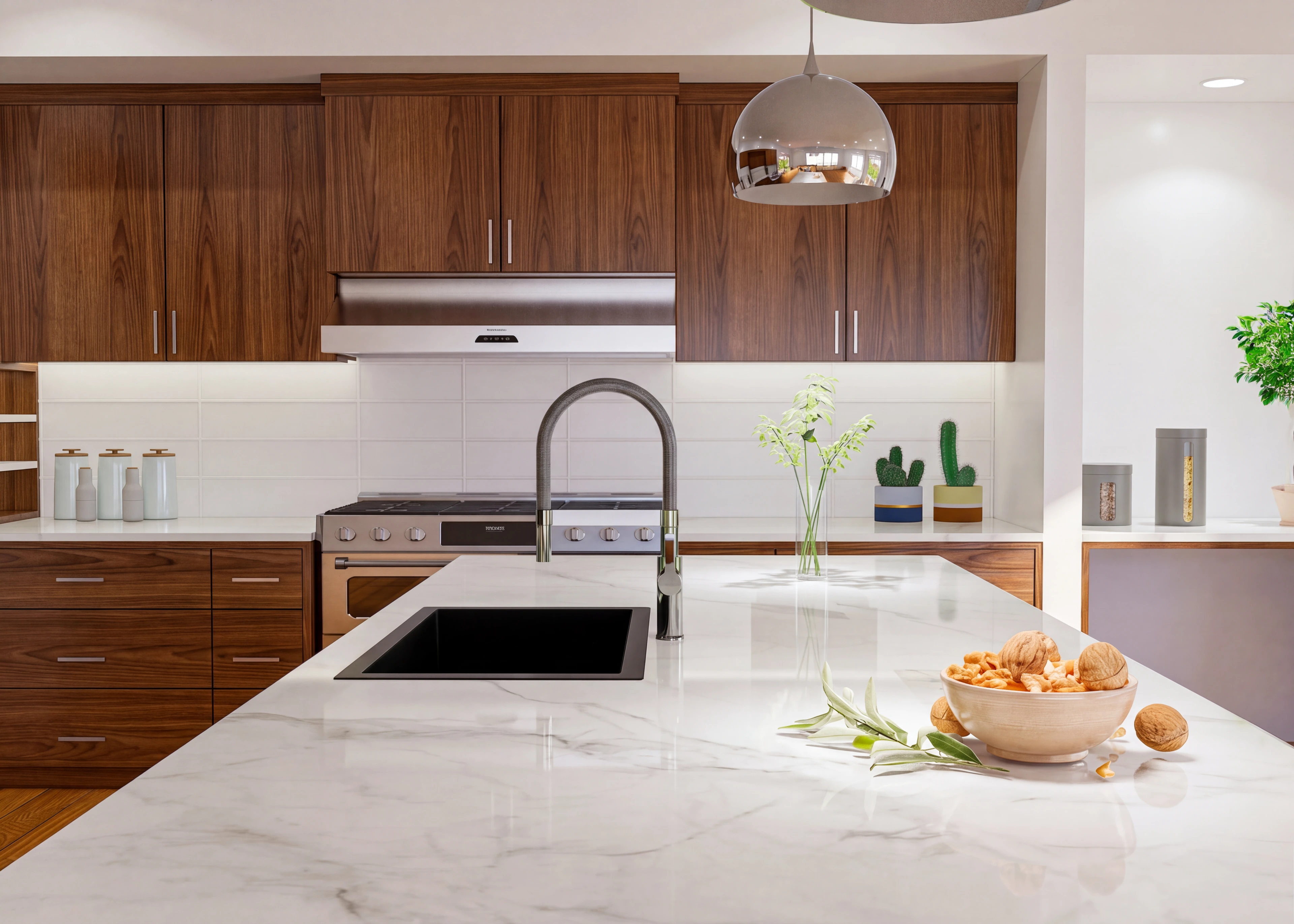 Close view of the island sink and stone worktop.