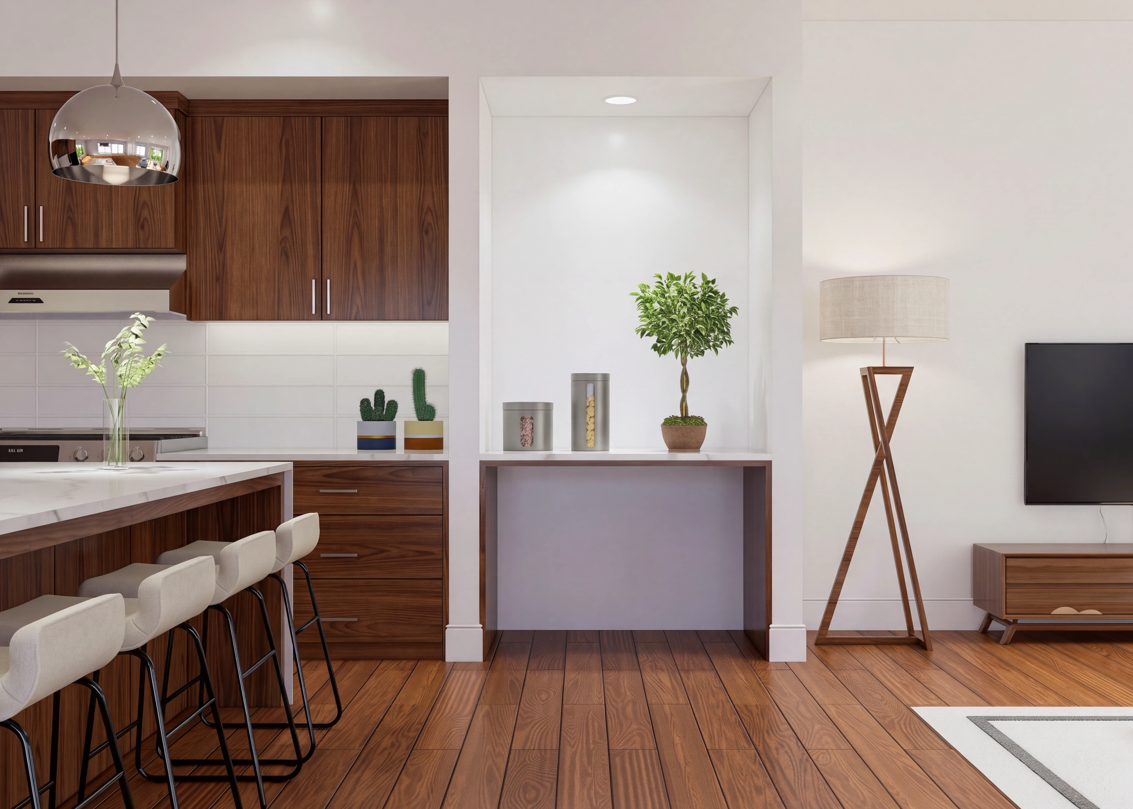 Kitchen seating beside a console and open living area.
