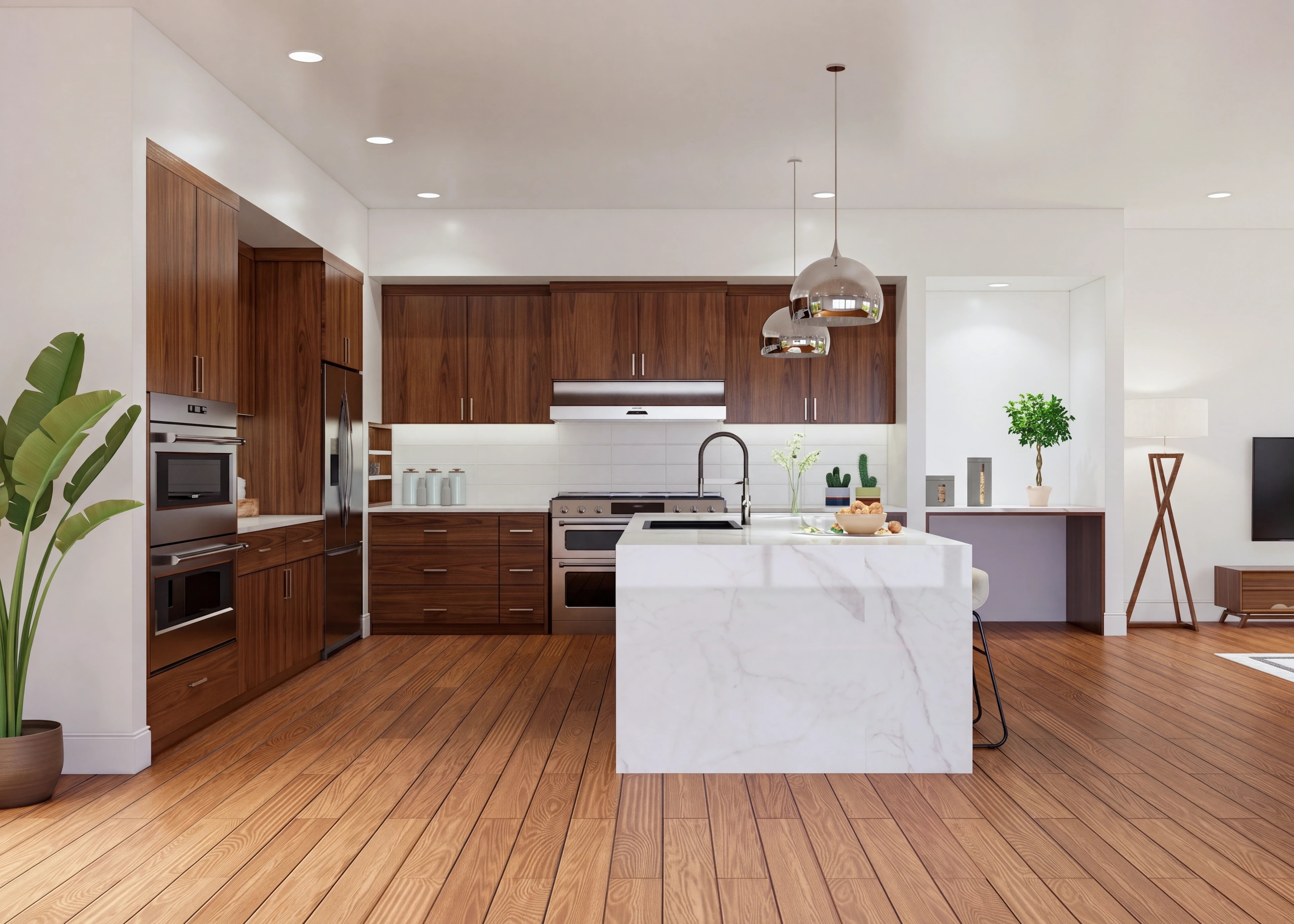 Kitchen with wood cabinetry, a white island and wood flooring.
