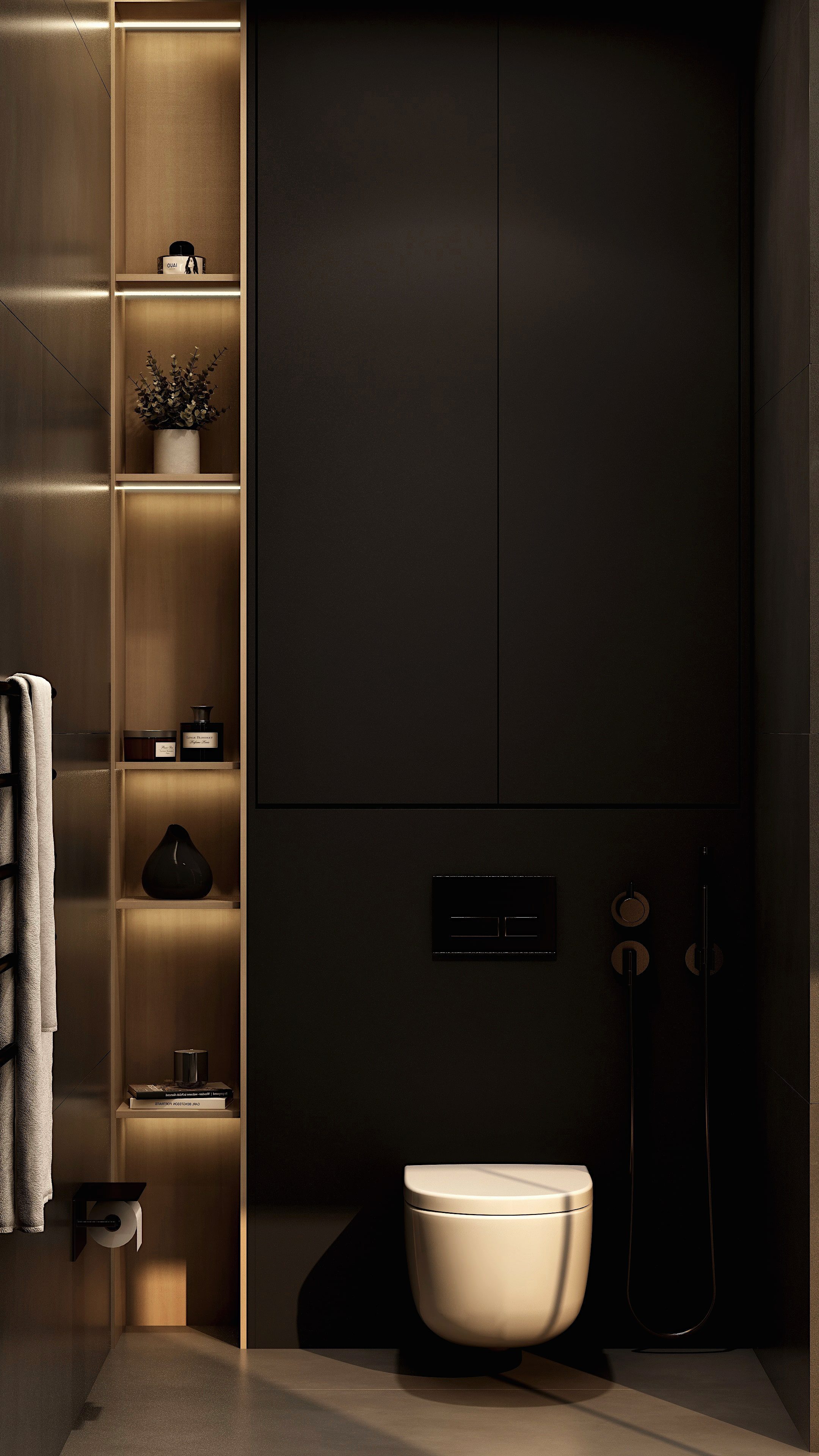 Wall-mounted toilet beside illuminated open shelving.